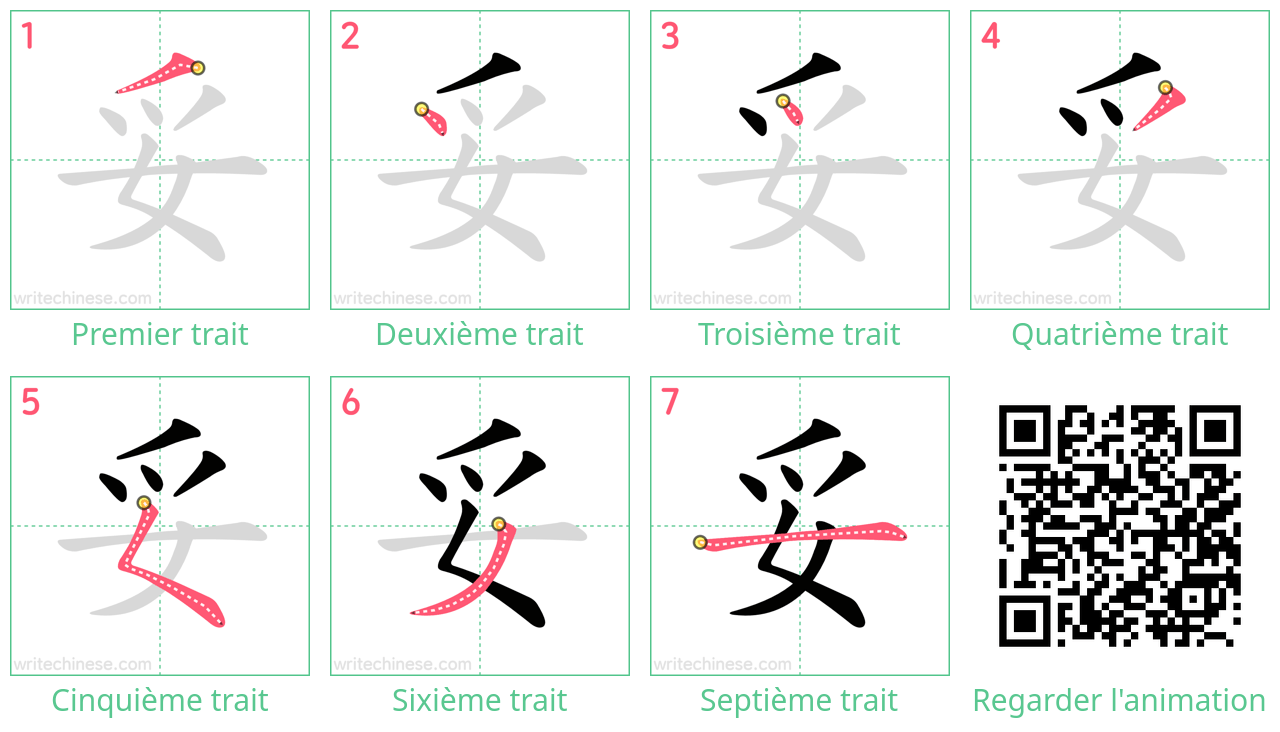 Diagrammes d'ordre des traits étape par étape pour le caractère 妥