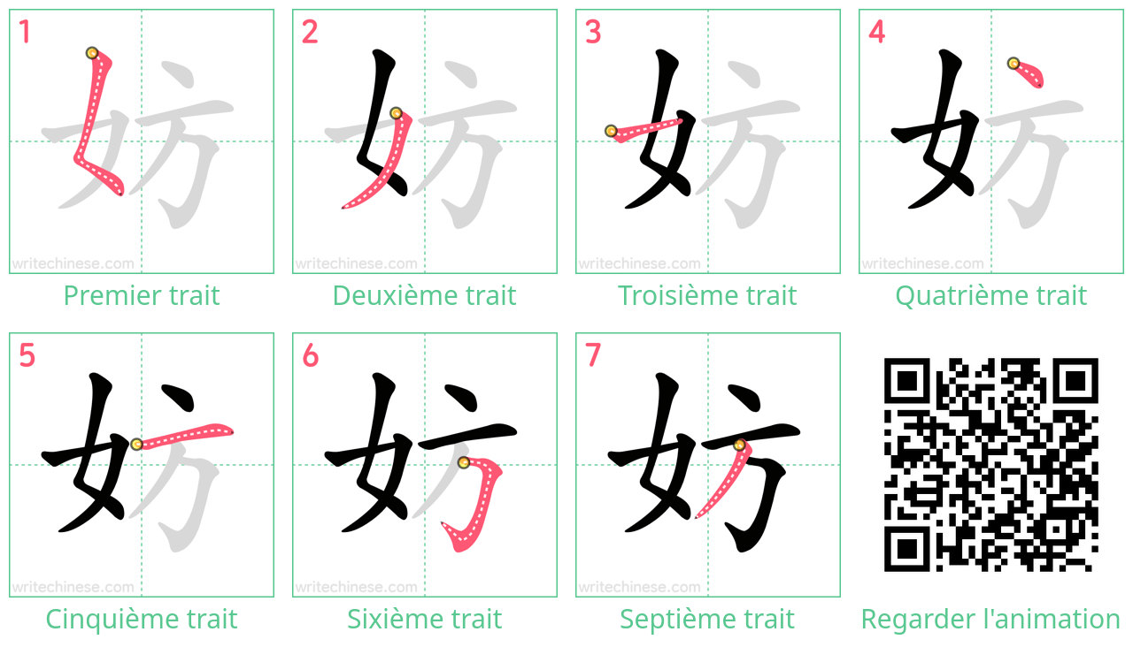 Diagrammes d'ordre des traits étape par étape pour le caractère 妨