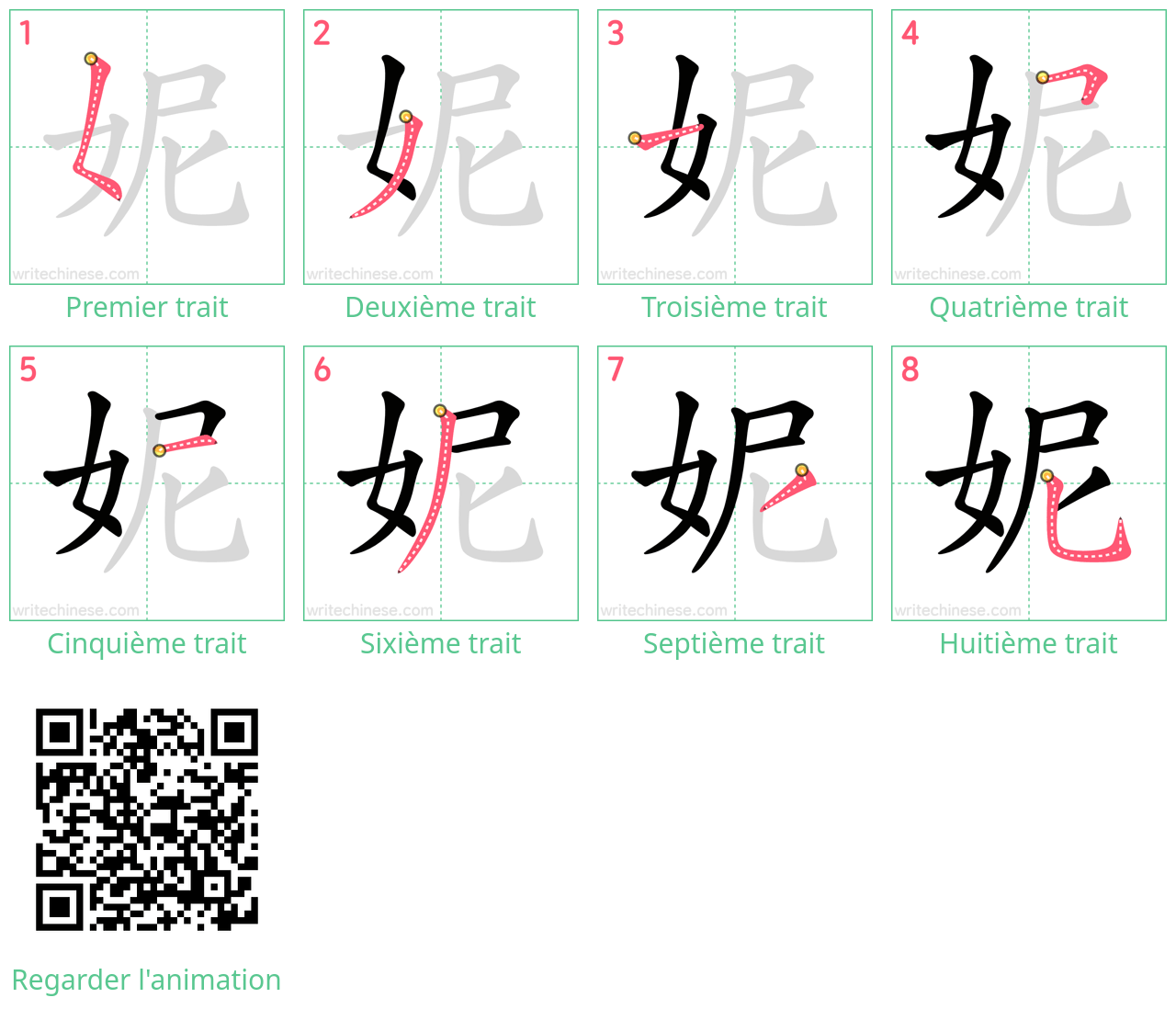 Diagrammes d'ordre des traits étape par étape pour le caractère 妮