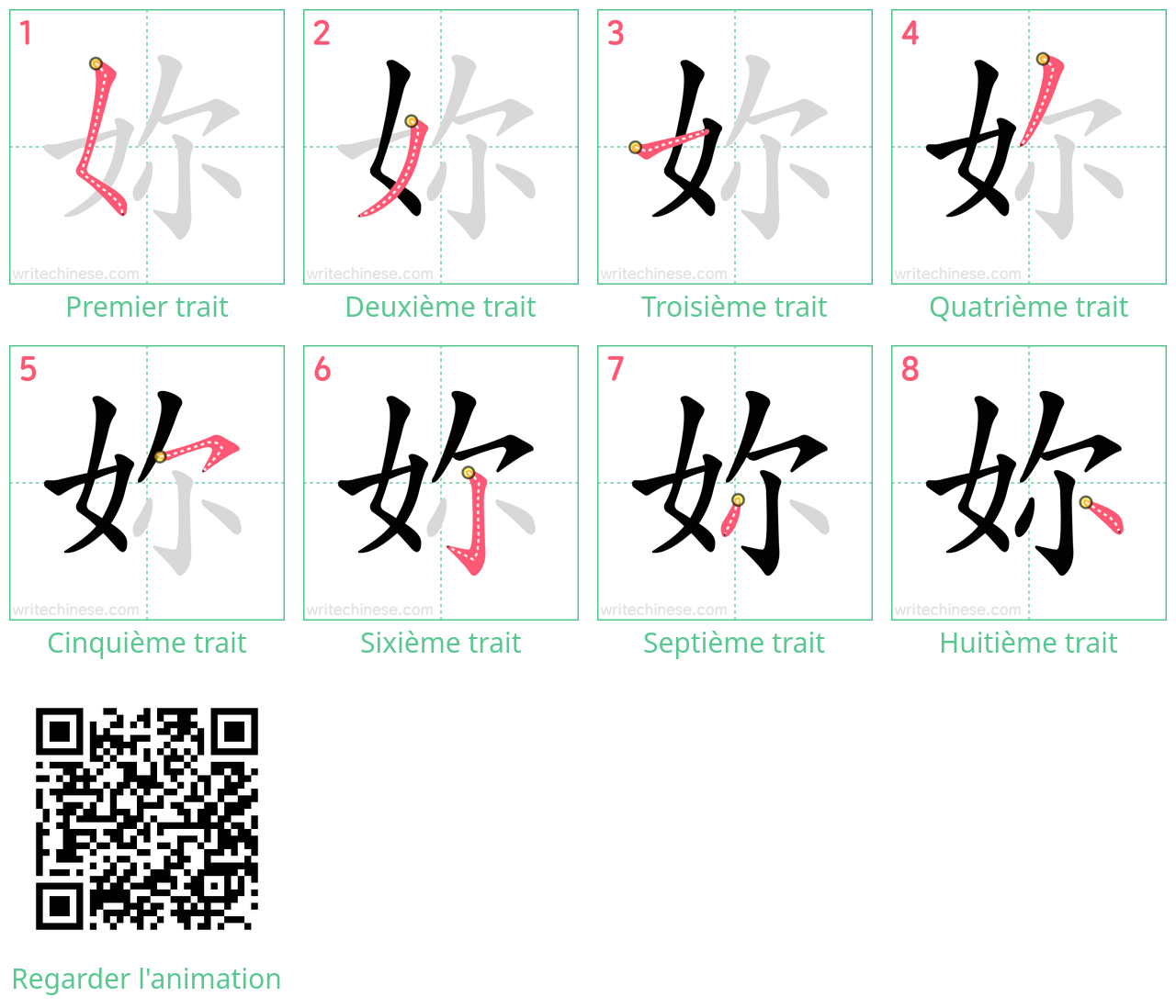 Diagrammes d'ordre des traits étape par étape pour le caractère 妳