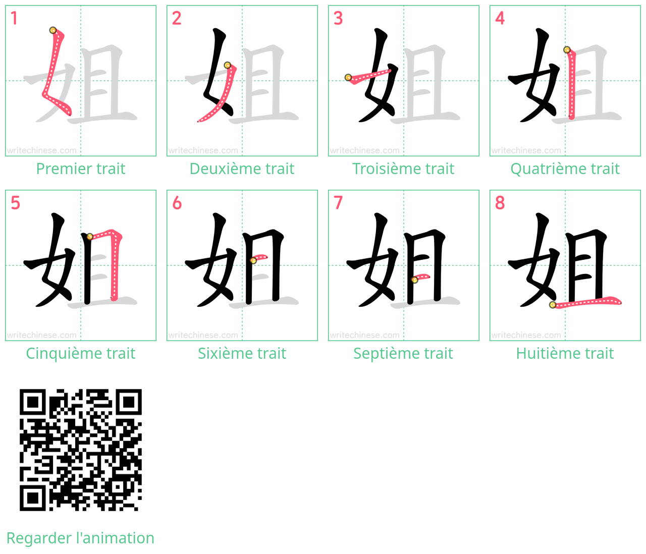 Diagrammes d'ordre des traits étape par étape pour le caractère 姐