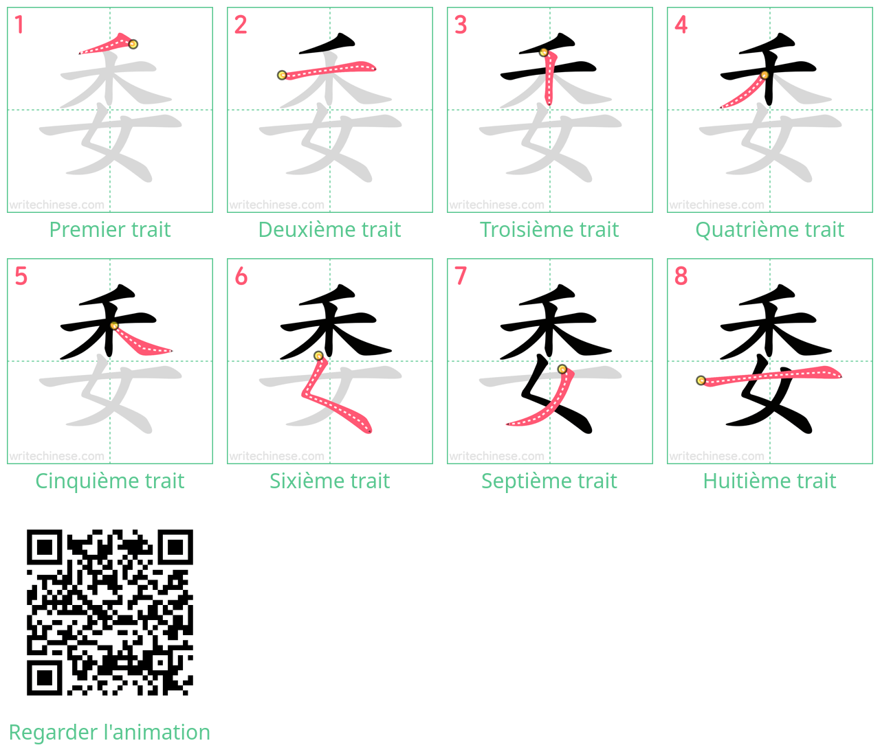 Diagrammes d'ordre des traits étape par étape pour le caractère 委