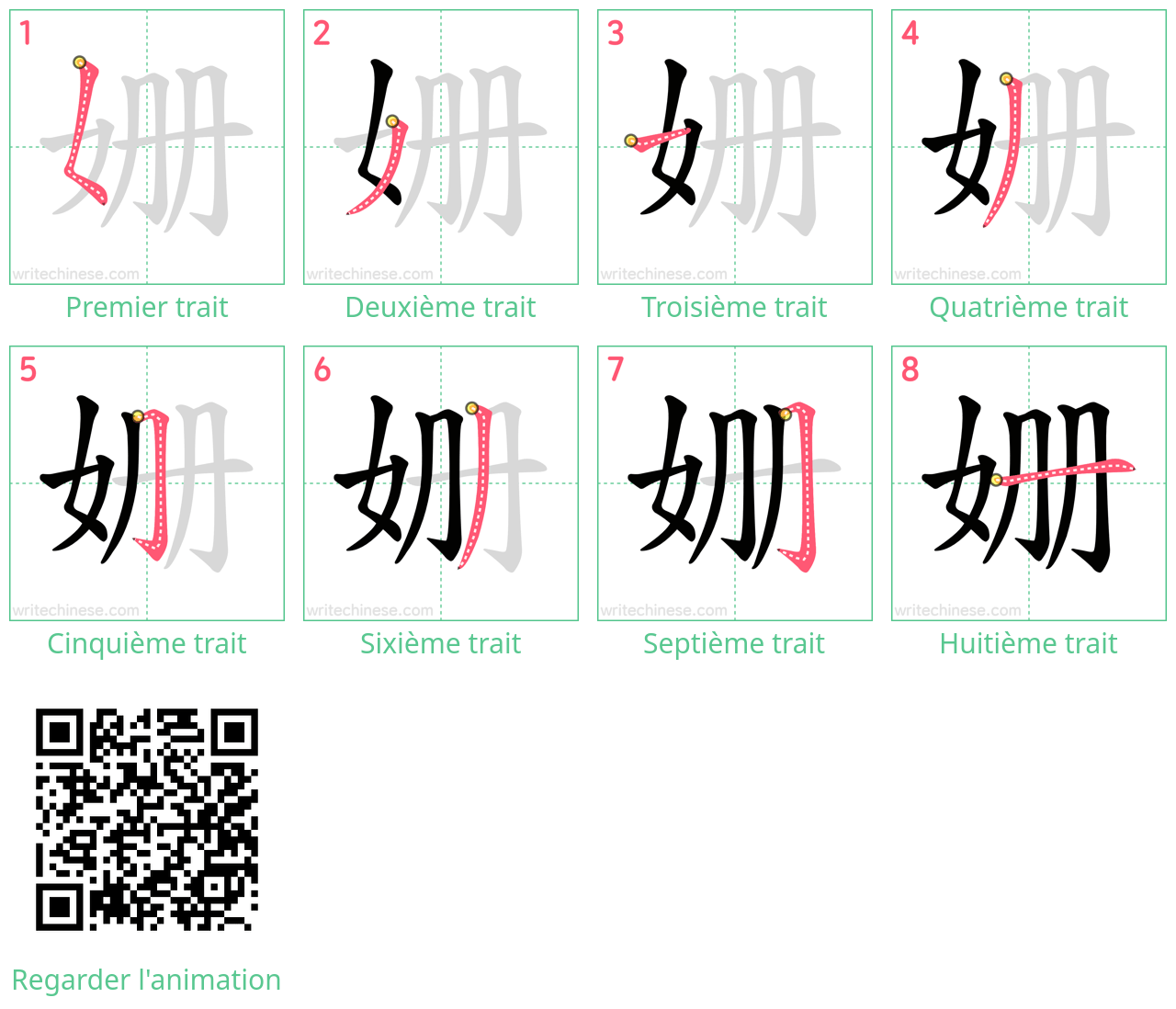 Diagrammes d'ordre des traits étape par étape pour le caractère 姗