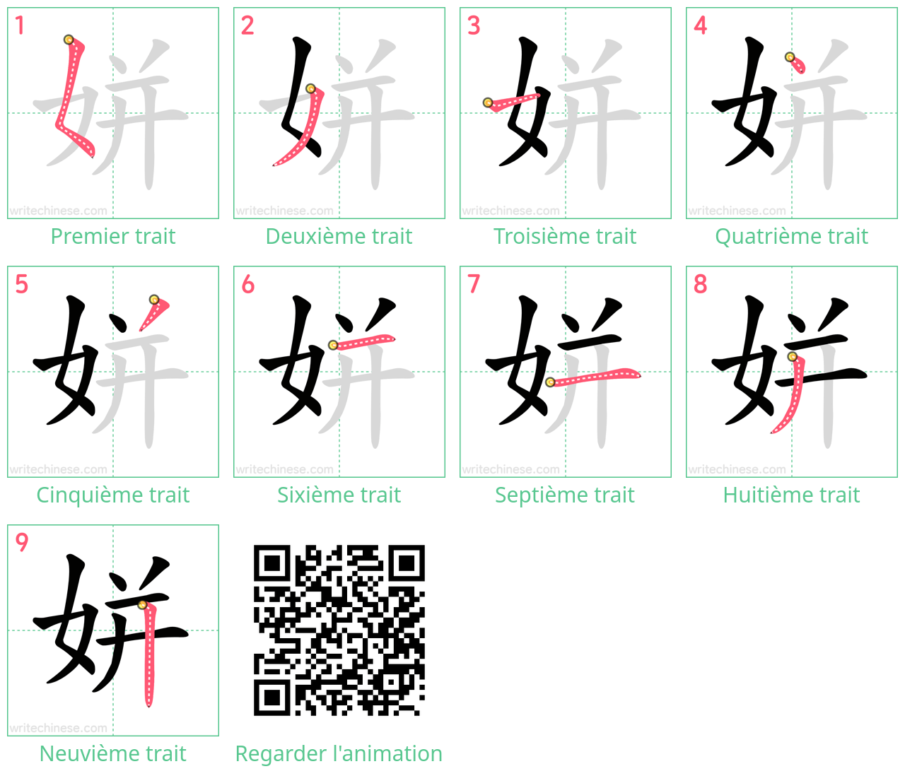 Diagrammes d'ordre des traits étape par étape pour le caractère 姘