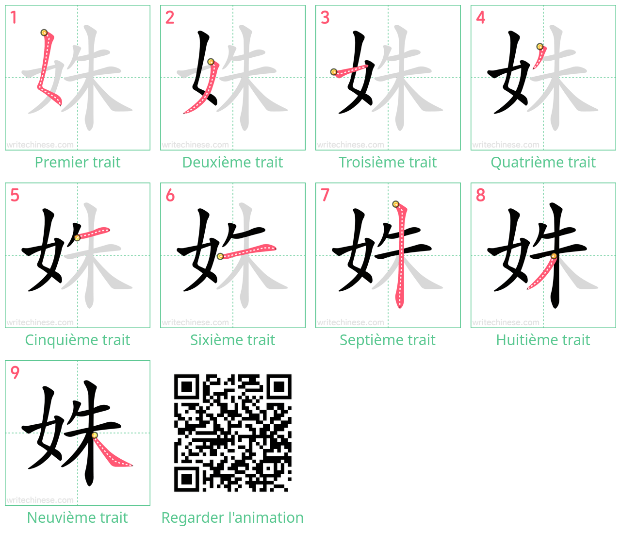 Diagrammes d'ordre des traits étape par étape pour le caractère 姝