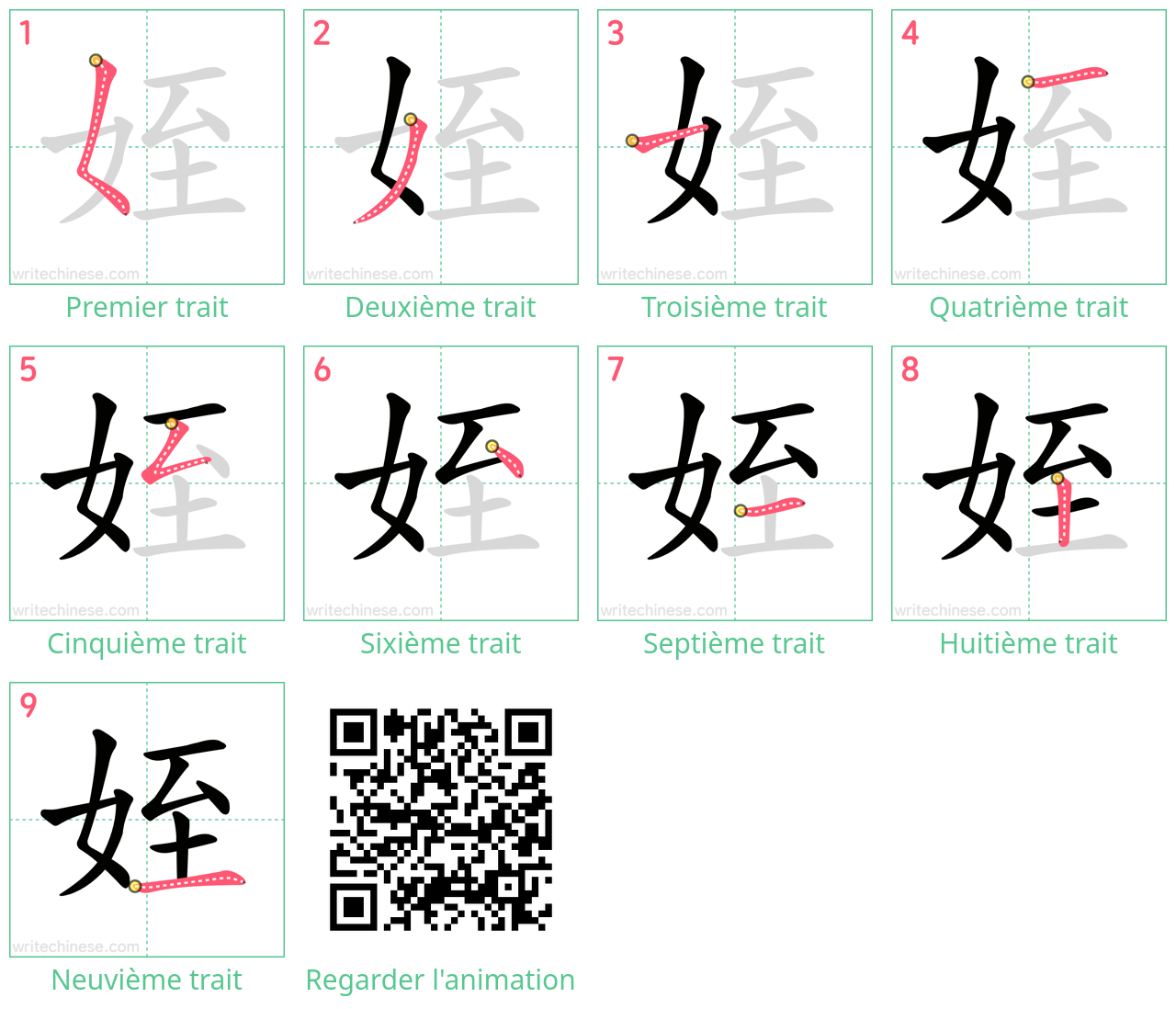 Diagrammes d'ordre des traits étape par étape pour le caractère 姪