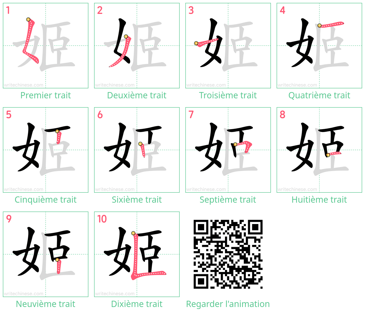 Diagrammes d'ordre des traits étape par étape pour le caractère 姬