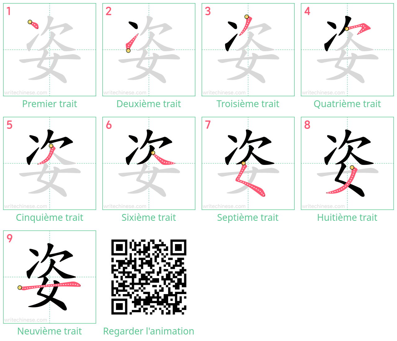 Diagrammes d'ordre des traits étape par étape pour le caractère 姿