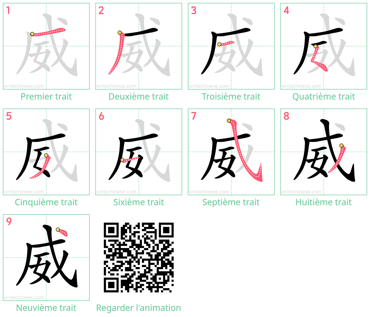 Diagrammes d'ordre des traits étape par étape pour le caractère 威