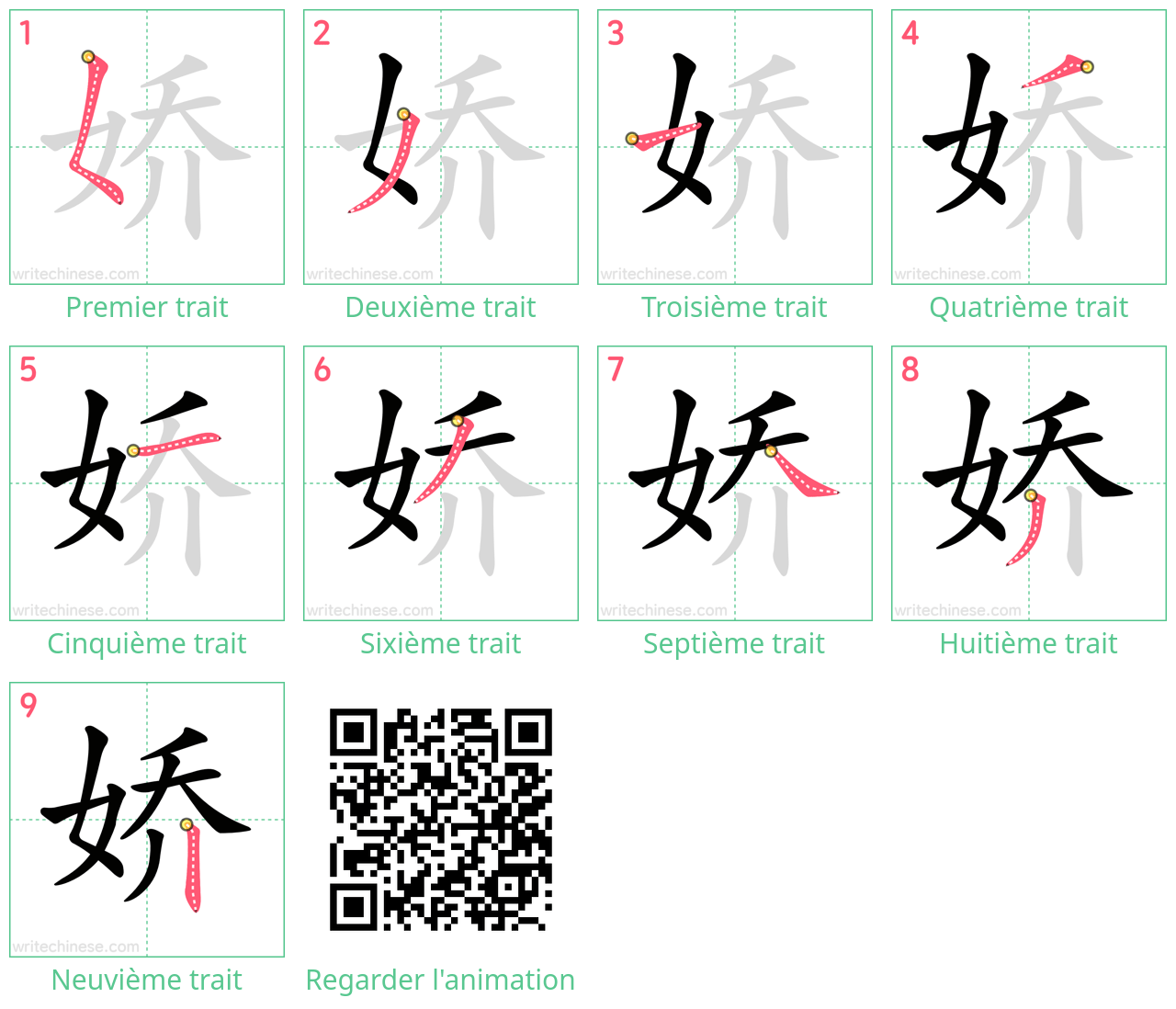 Diagrammes d'ordre des traits étape par étape pour le caractère 娇