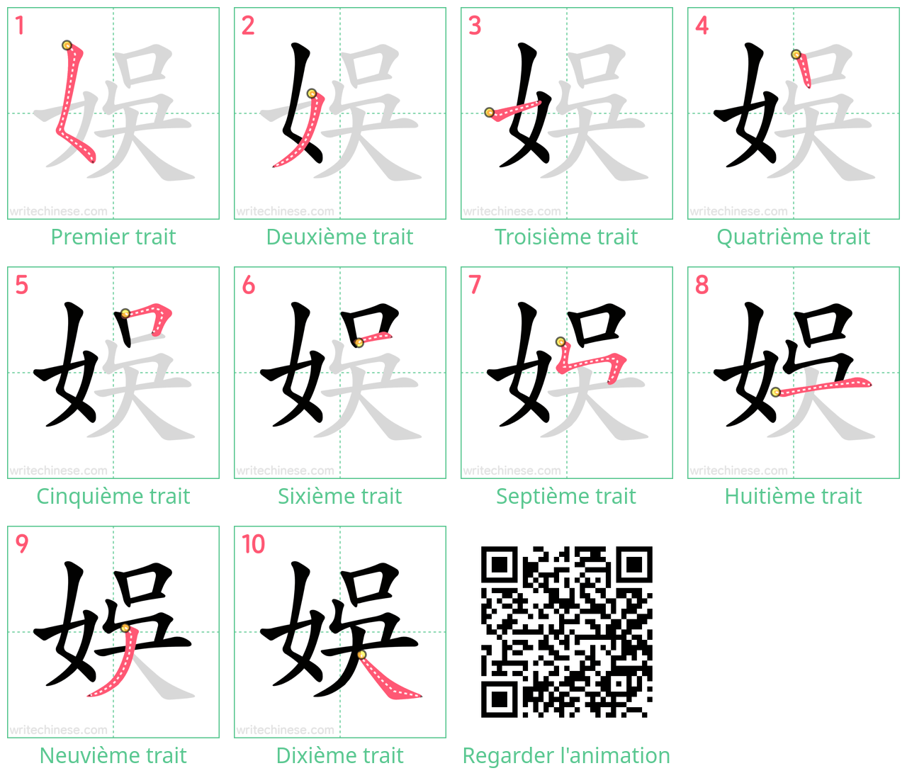 Diagrammes d'ordre des traits étape par étape pour le caractère 娛