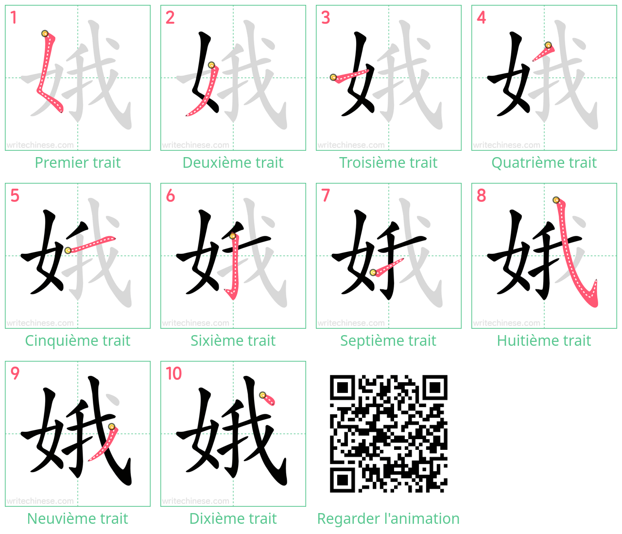 Diagrammes d'ordre des traits étape par étape pour le caractère 娥