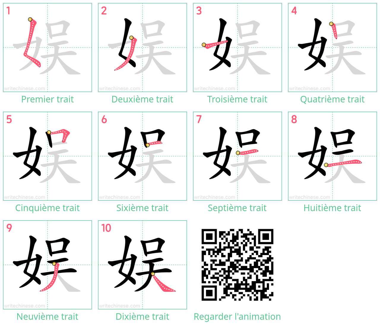 Diagrammes d'ordre des traits étape par étape pour le caractère 娱