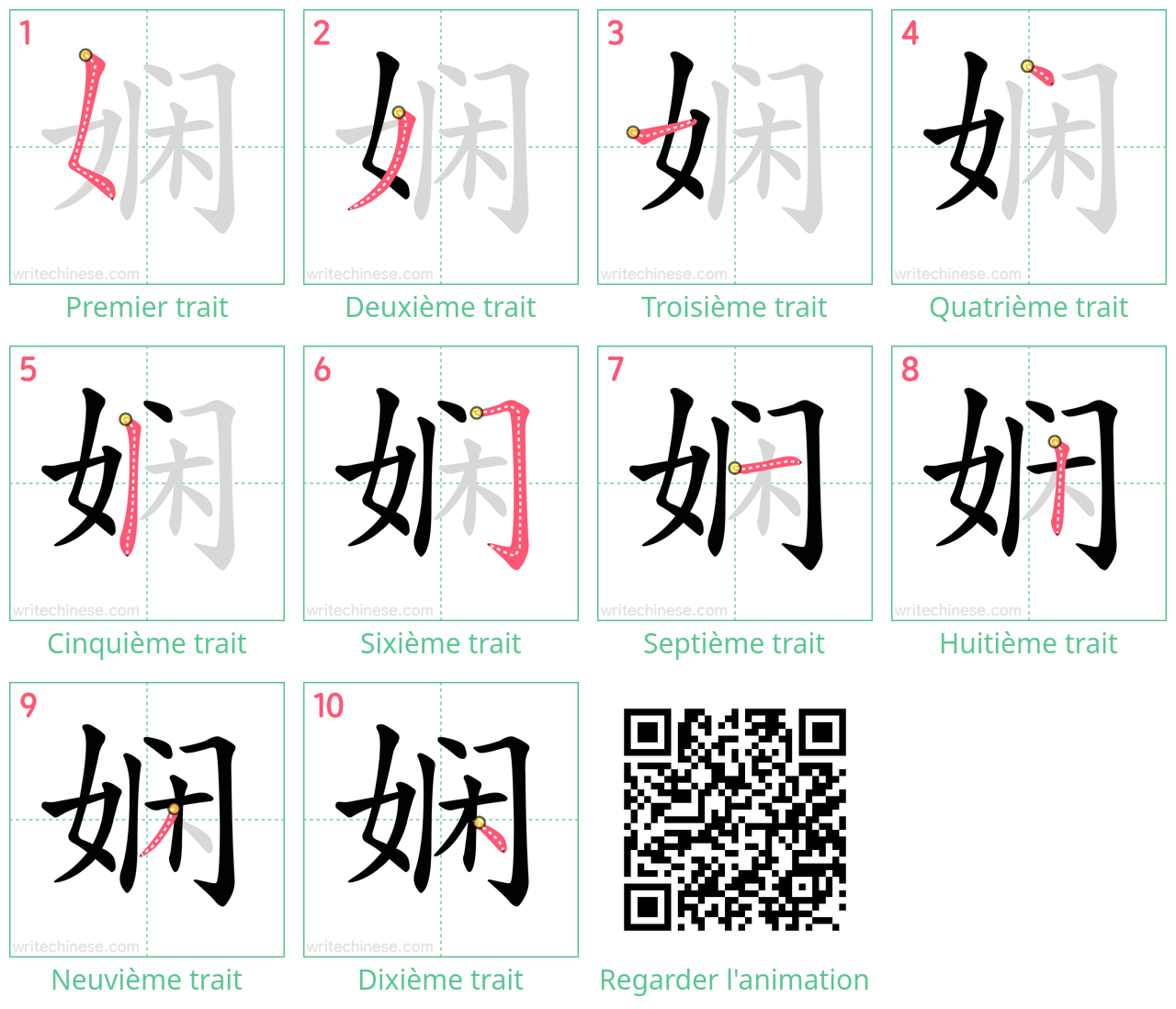 Diagrammes d'ordre des traits étape par étape pour le caractère 娴