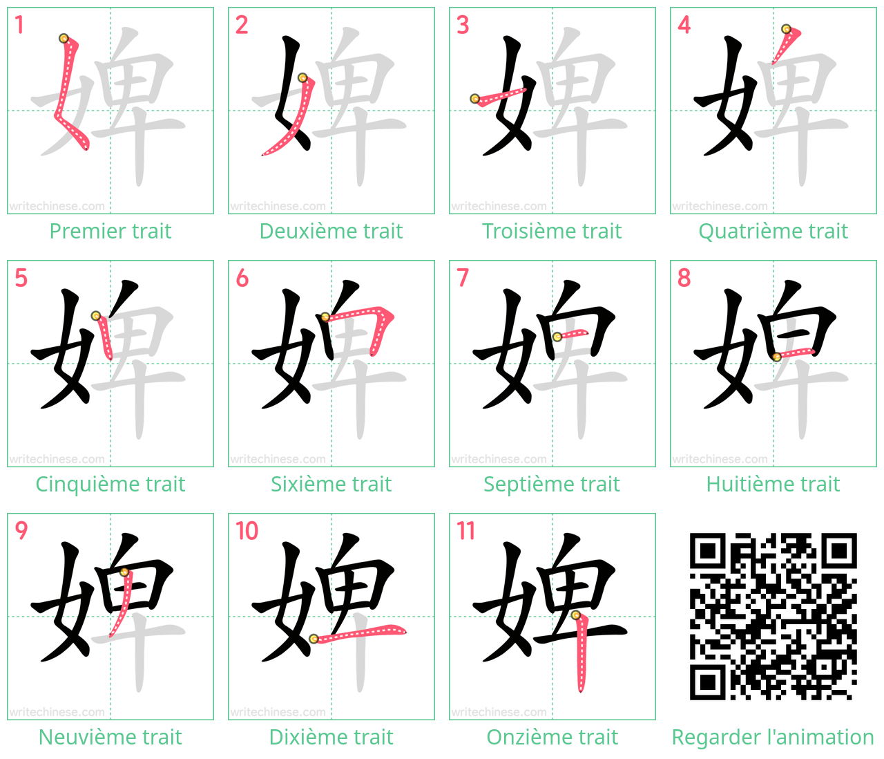 Diagrammes d'ordre des traits étape par étape pour le caractère 婢