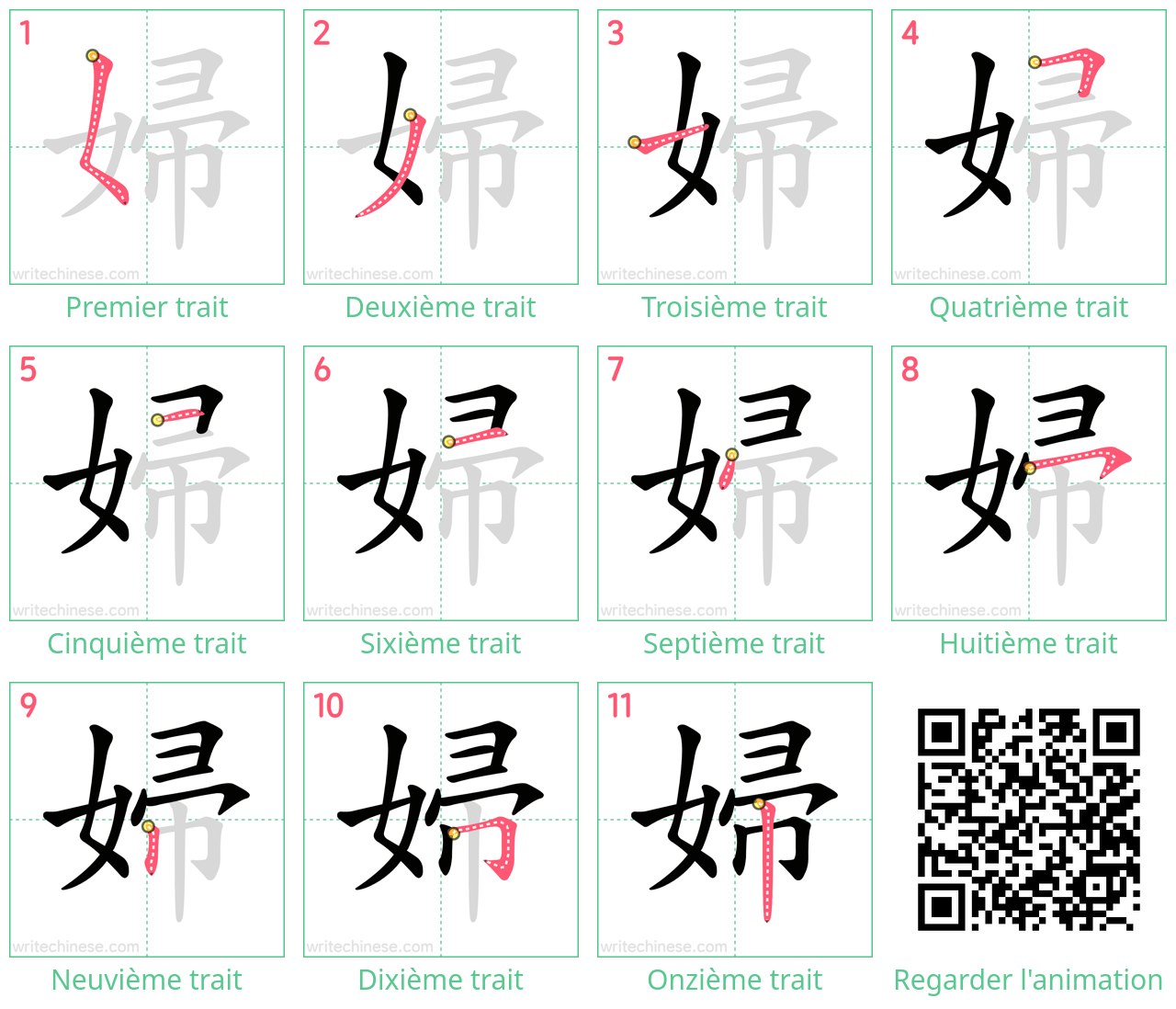 Diagrammes d'ordre des traits étape par étape pour le caractère 婦