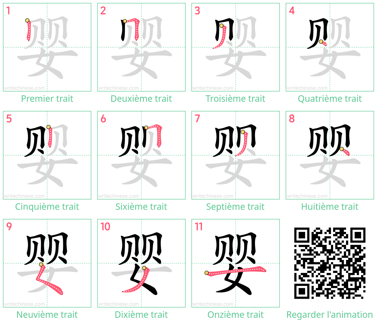 Diagrammes d'ordre des traits étape par étape pour le caractère 婴