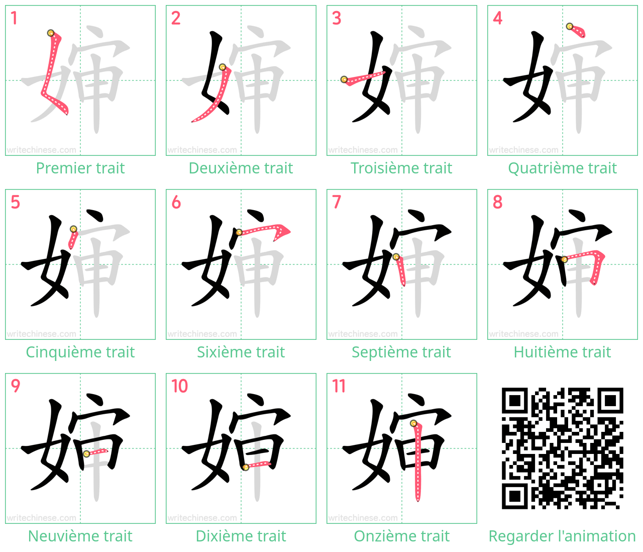 Diagrammes d'ordre des traits étape par étape pour le caractère 婶