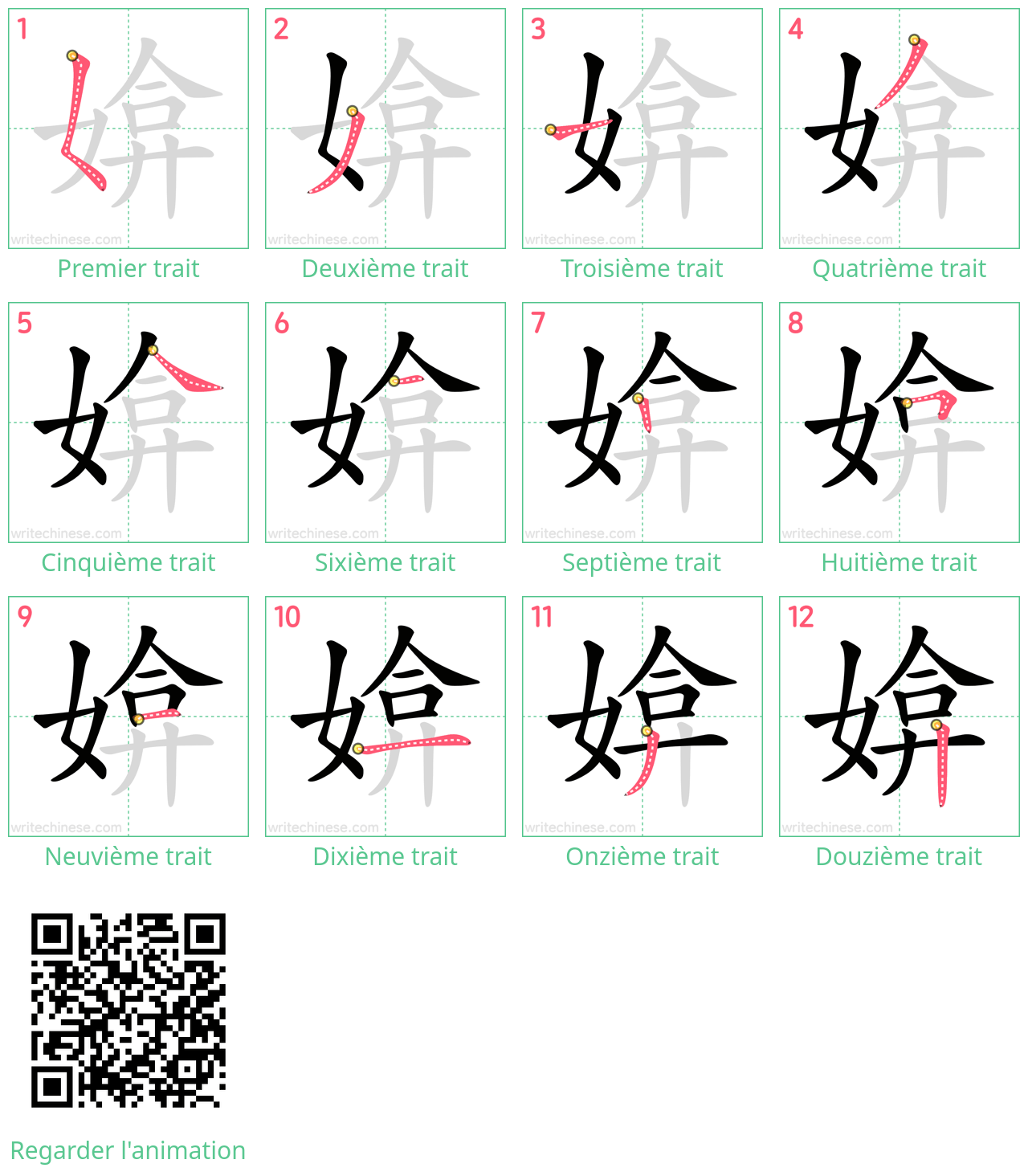 Diagrammes d'ordre des traits étape par étape pour le caractère 媕