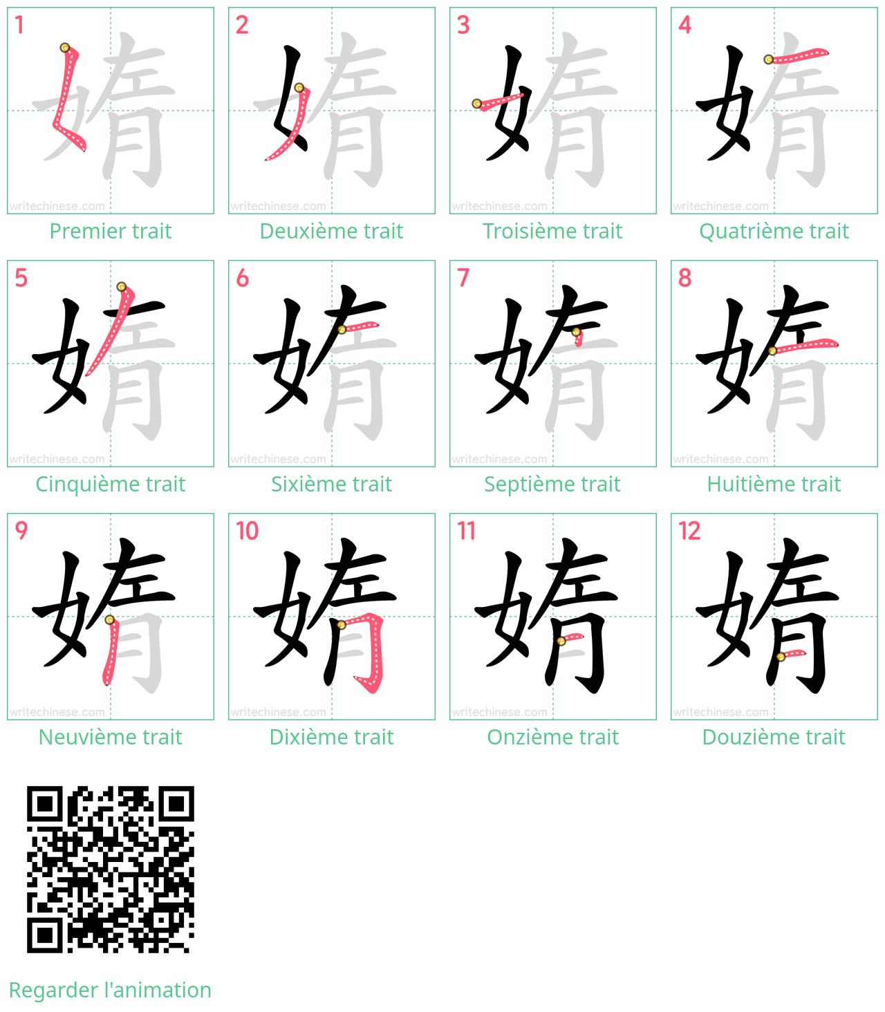 Diagrammes d'ordre des traits étape par étape pour le caractère 媠