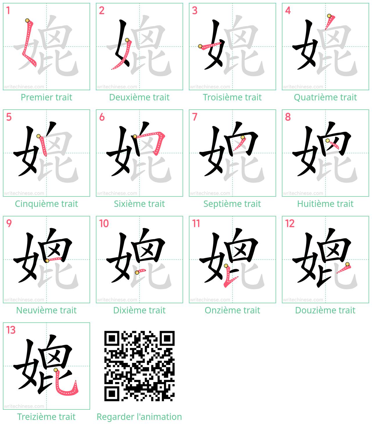 Diagrammes d'ordre des traits étape par étape pour le caractère 媲