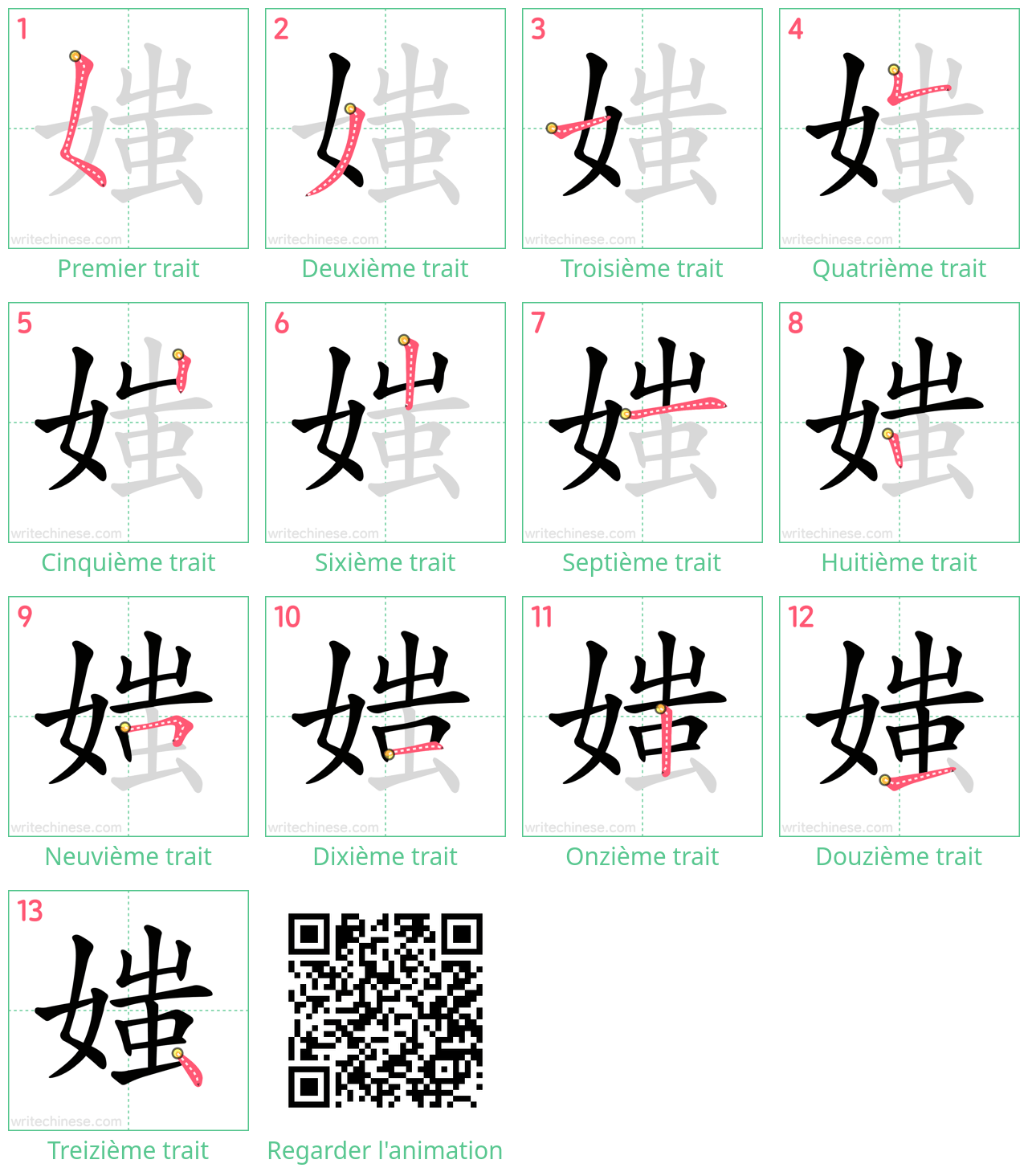 Diagrammes d'ordre des traits étape par étape pour le caractère 媸