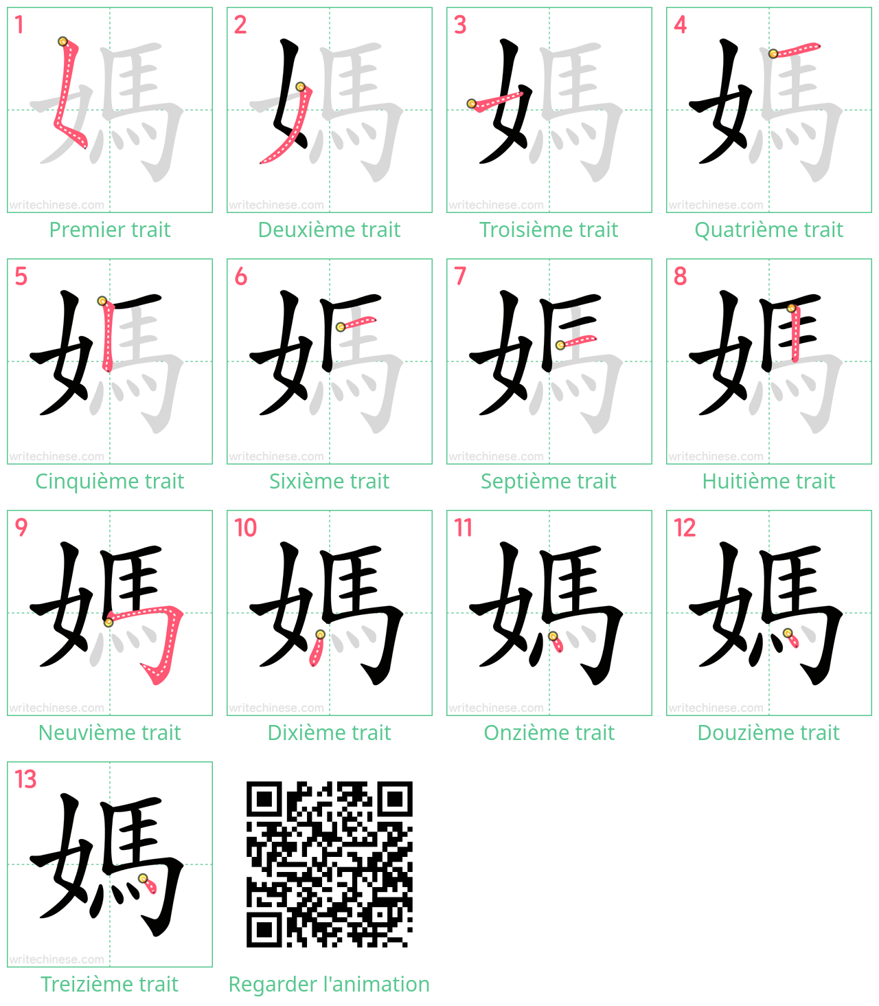 Diagrammes d'ordre des traits étape par étape pour le caractère 媽