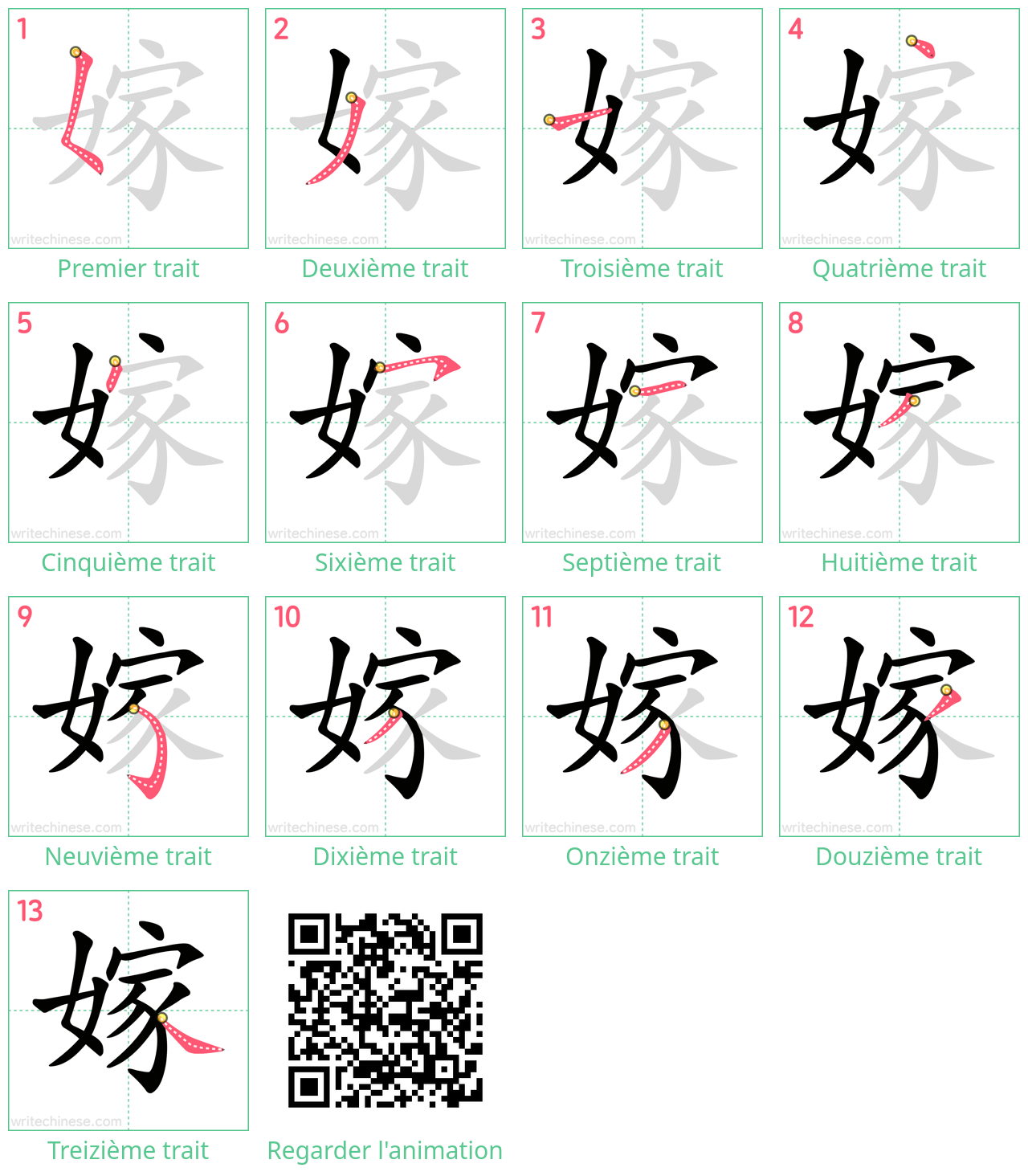 Diagrammes d'ordre des traits étape par étape pour le caractère 嫁