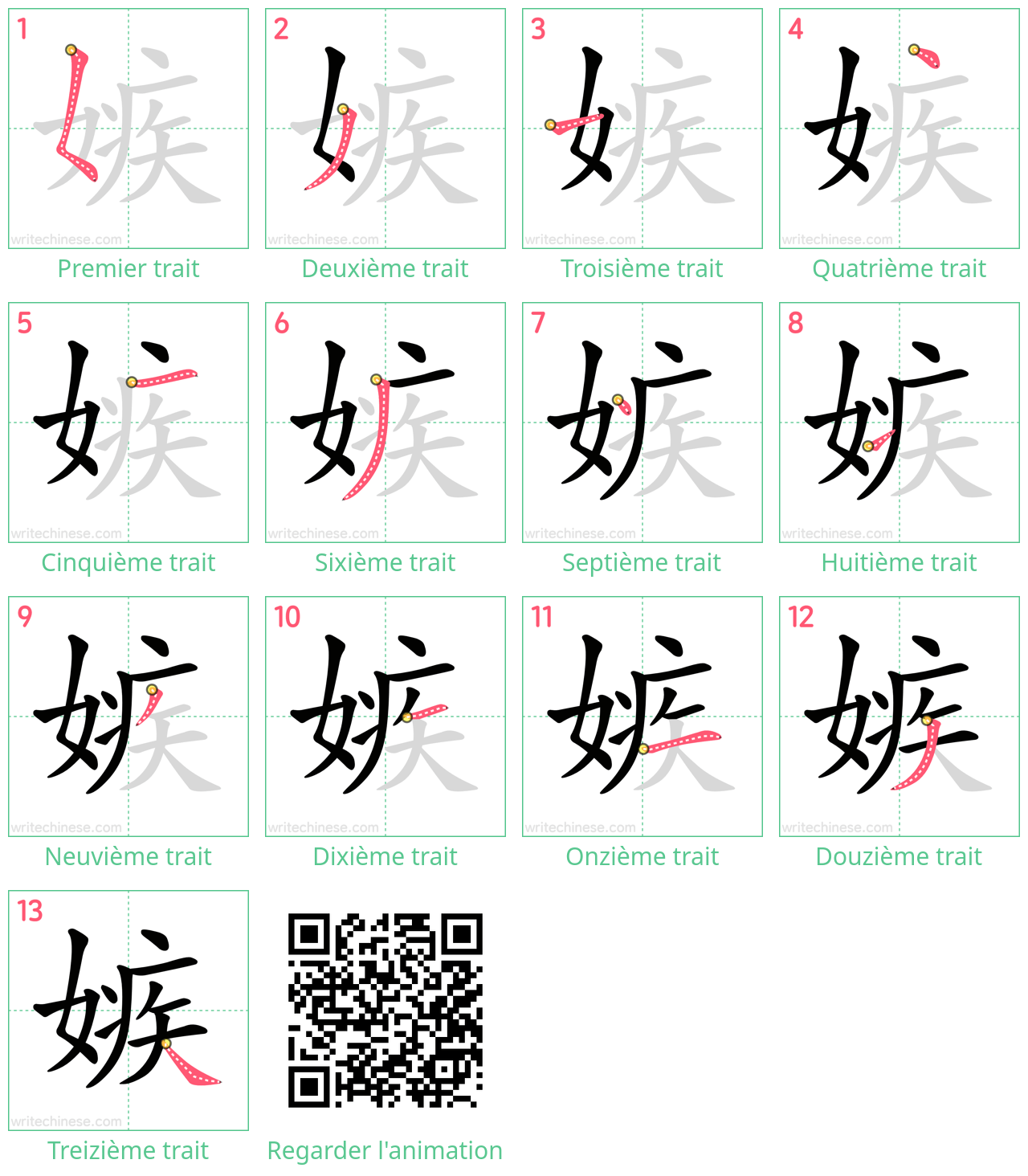 Diagrammes d'ordre des traits étape par étape pour le caractère 嫉