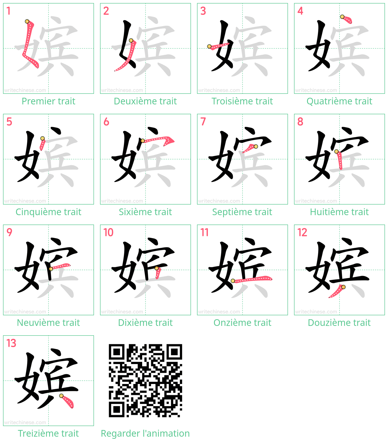 Diagrammes d'ordre des traits étape par étape pour le caractère 嫔