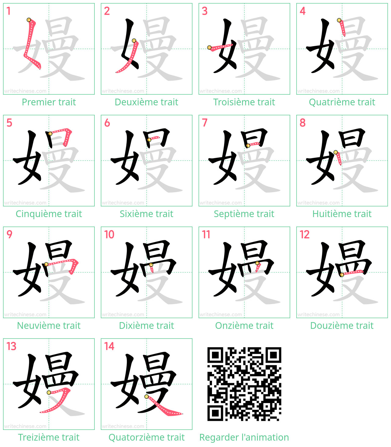 Diagrammes d'ordre des traits étape par étape pour le caractère 嫚