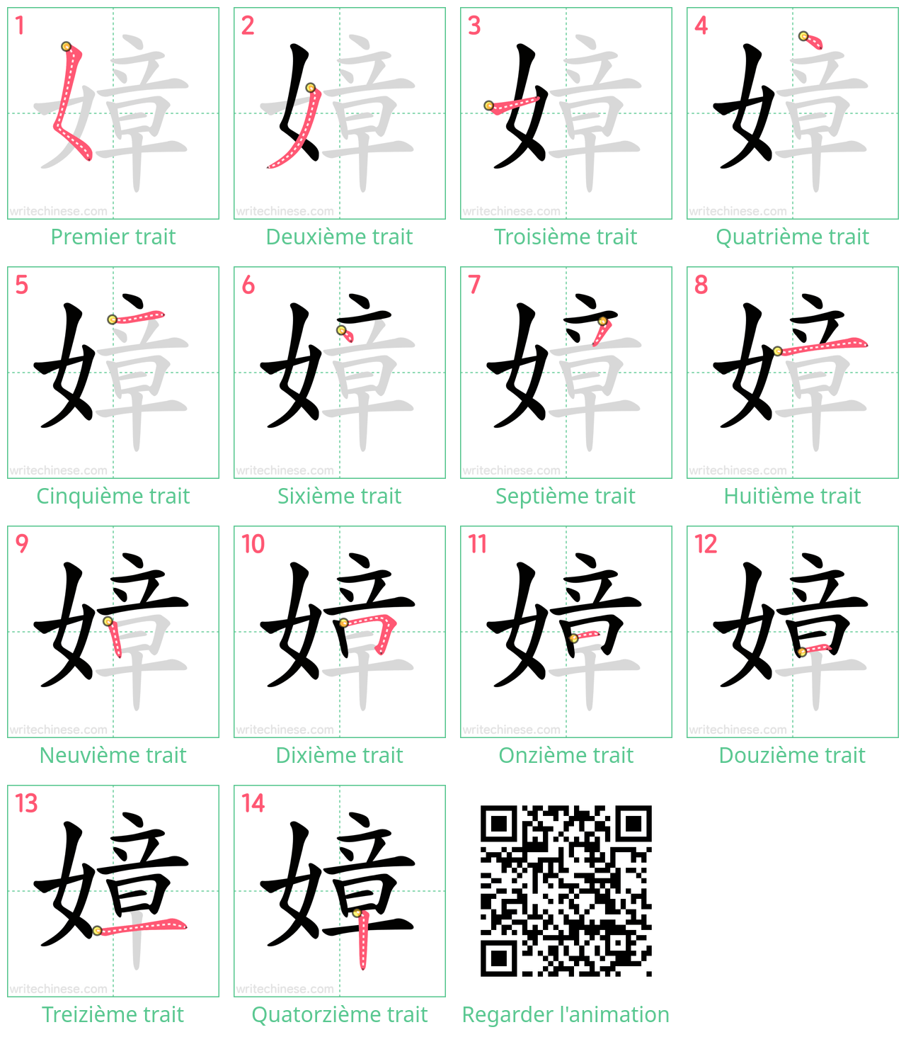 Diagrammes d'ordre des traits étape par étape pour le caractère 嫜