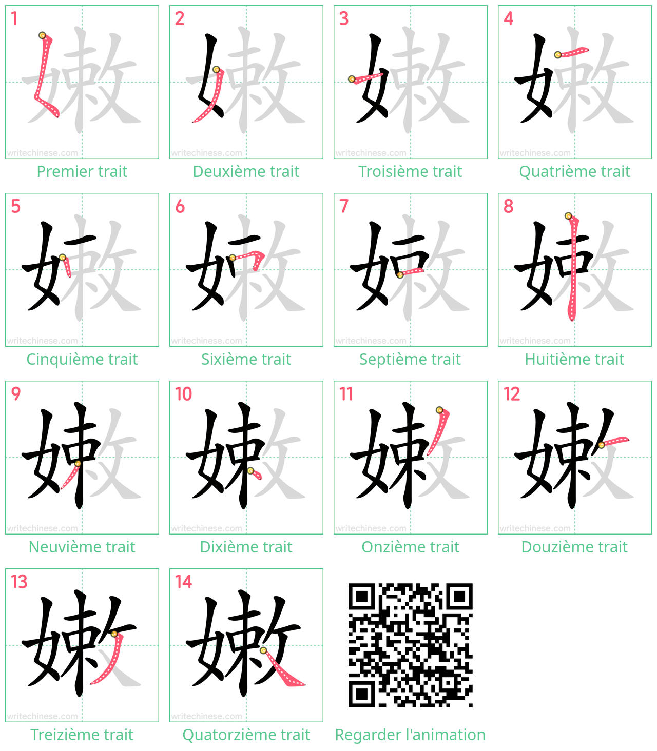 Diagrammes d'ordre des traits étape par étape pour le caractère 嫩