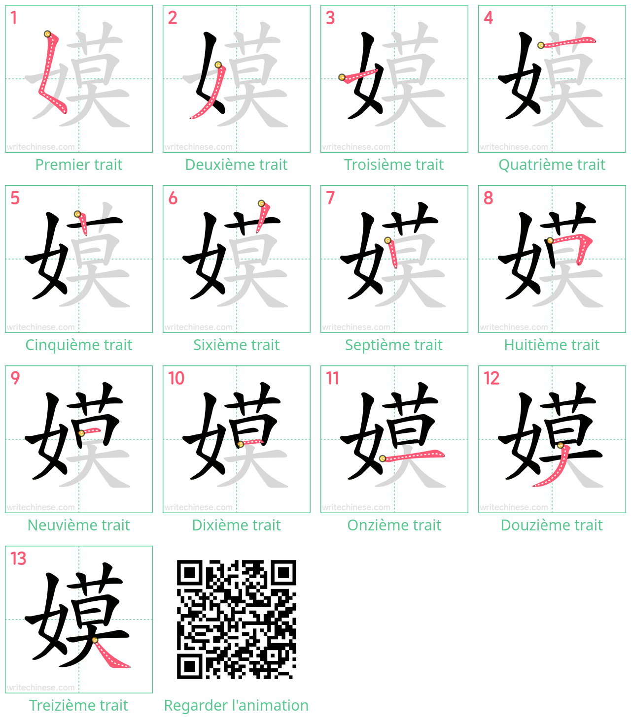 Diagrammes d'ordre des traits étape par étape pour le caractère 嫫