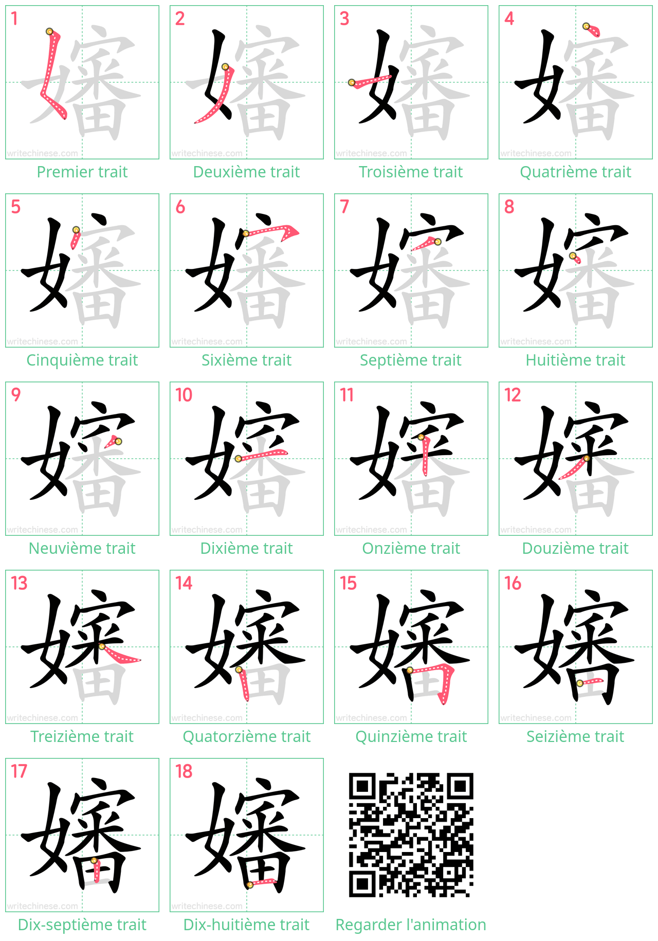 Diagrammes d'ordre des traits étape par étape pour le caractère 嬸