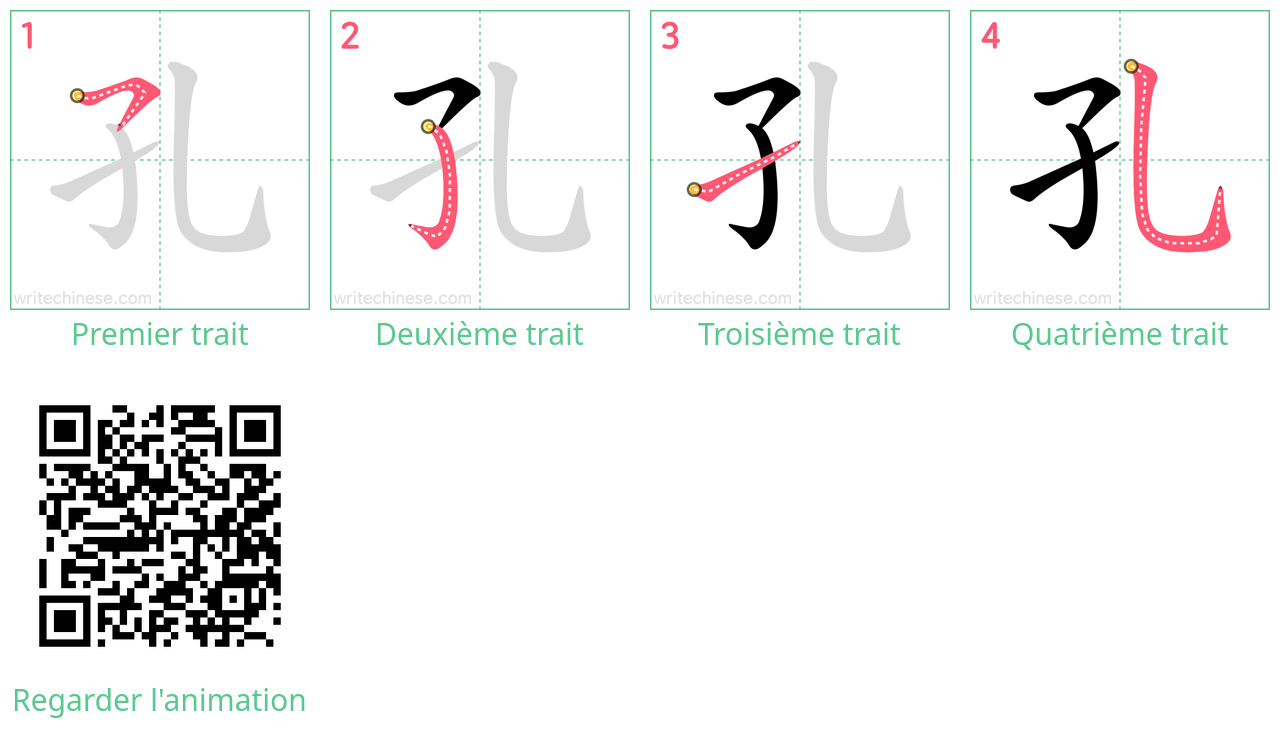 Diagrammes d'ordre des traits étape par étape pour le caractère 孔