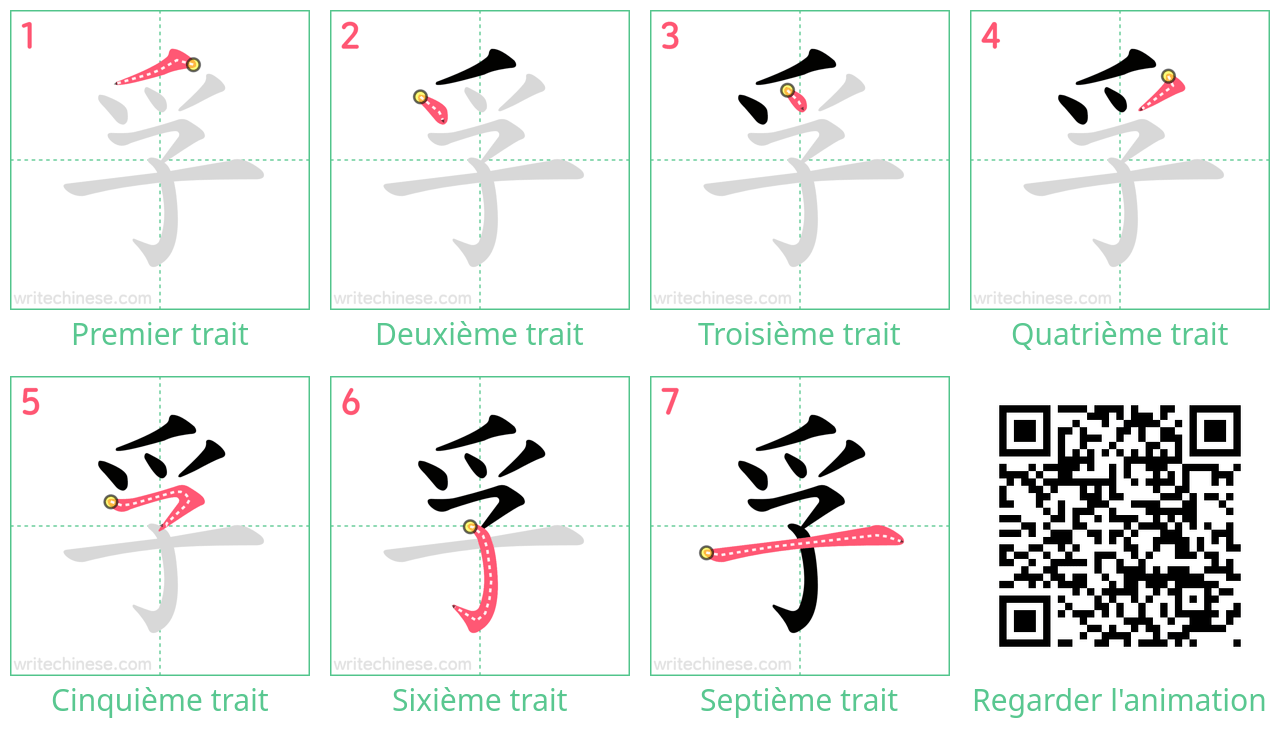 Diagrammes d'ordre des traits étape par étape pour le caractère 孚