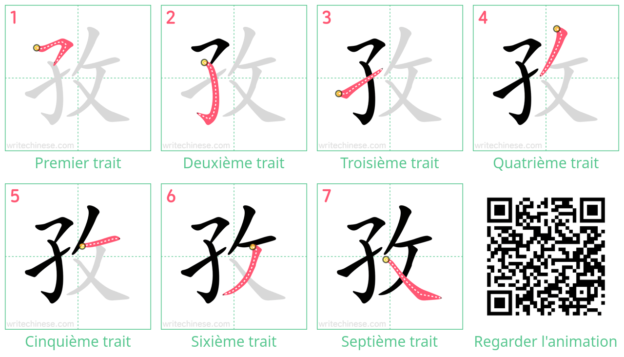 Diagrammes d'ordre des traits étape par étape pour le caractère 孜