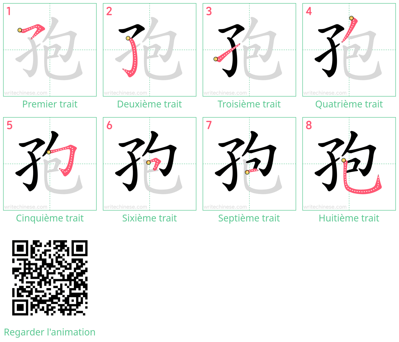 Diagrammes d'ordre des traits étape par étape pour le caractère 孢