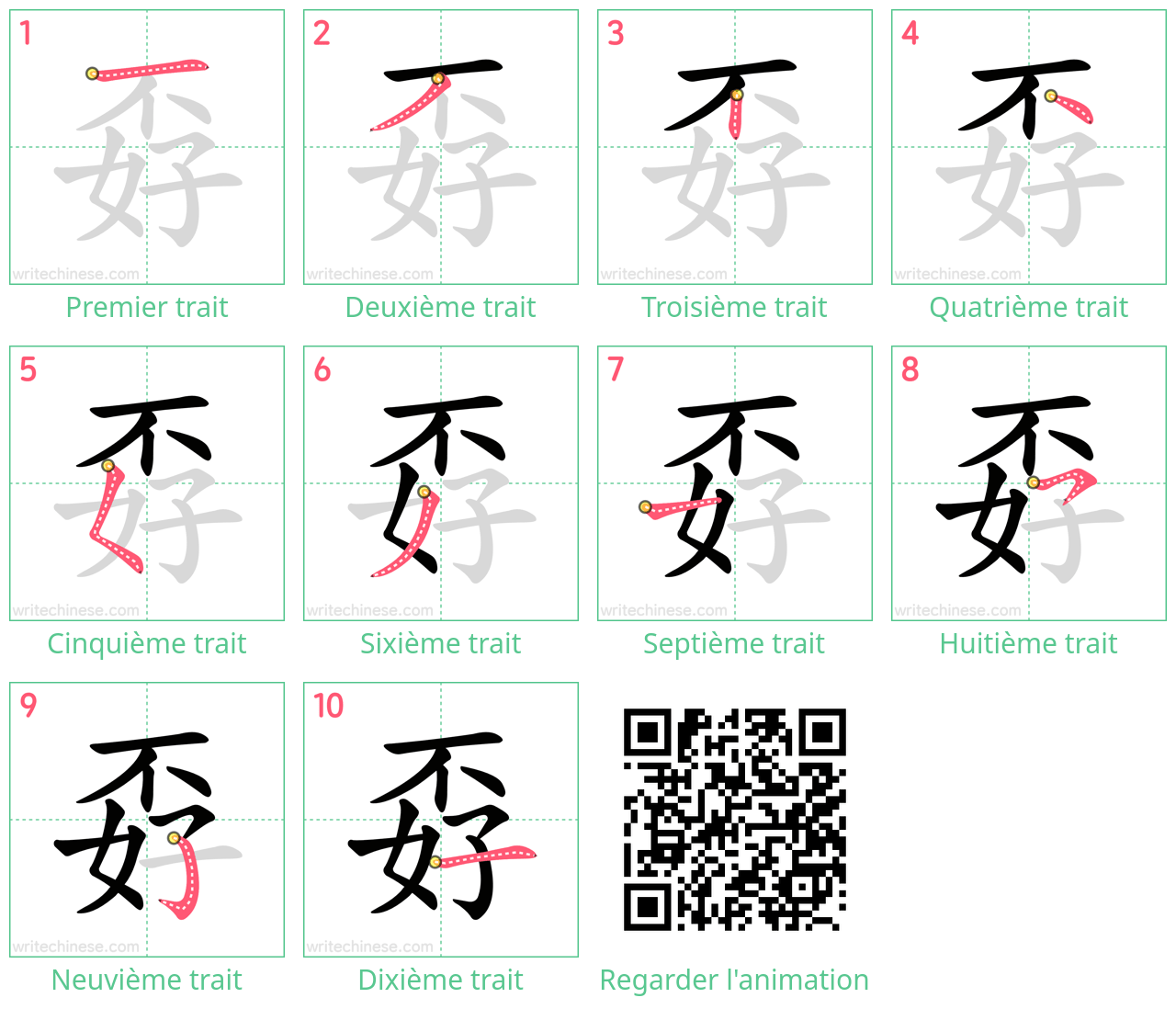 Diagrammes d'ordre des traits étape par étape pour le caractère 孬