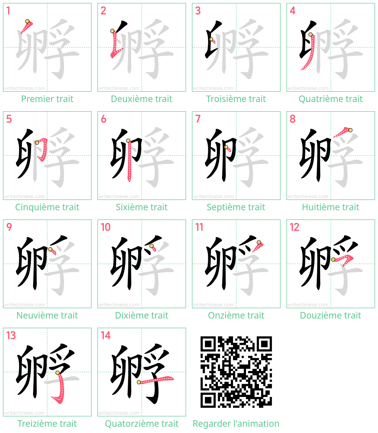 Diagrammes d'ordre des traits étape par étape pour le caractère 孵