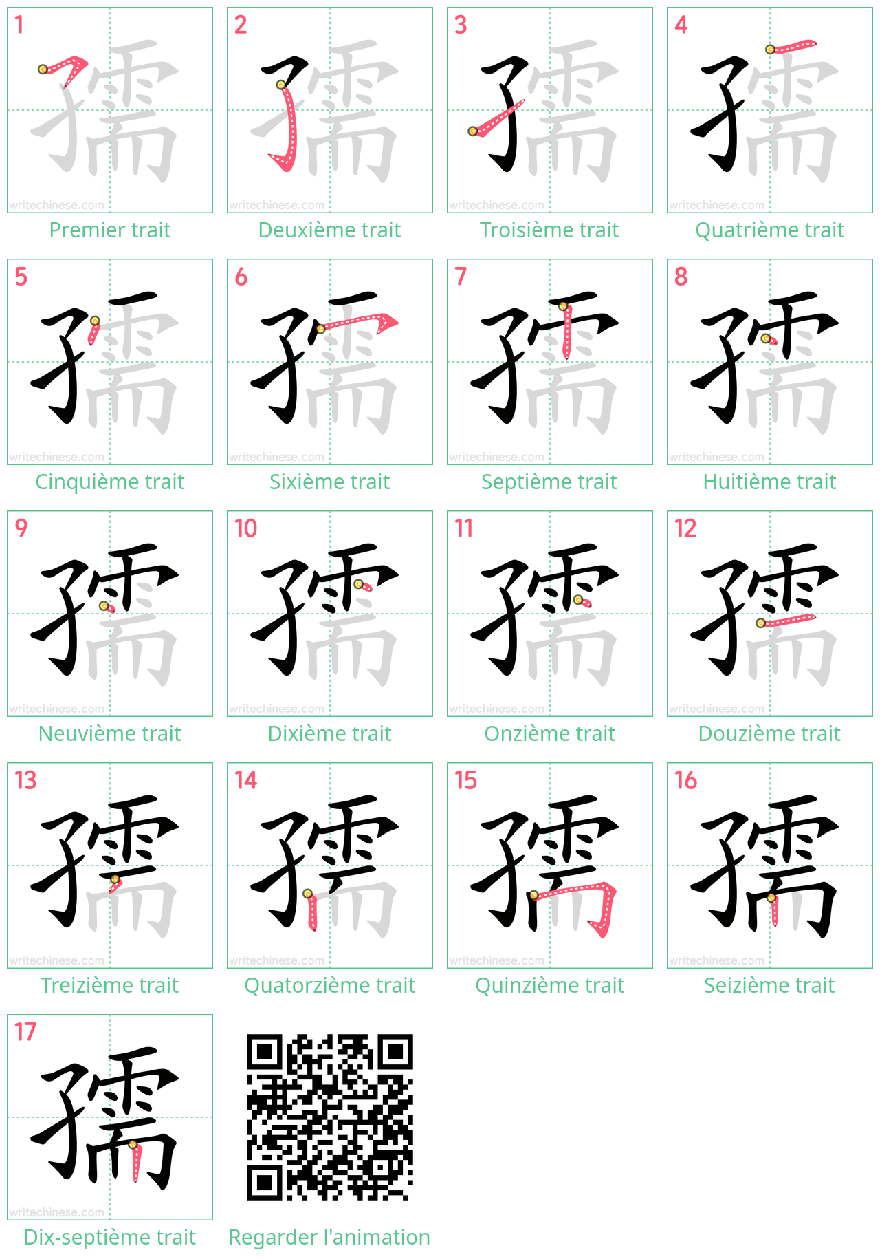 Diagrammes d'ordre des traits étape par étape pour le caractère 孺