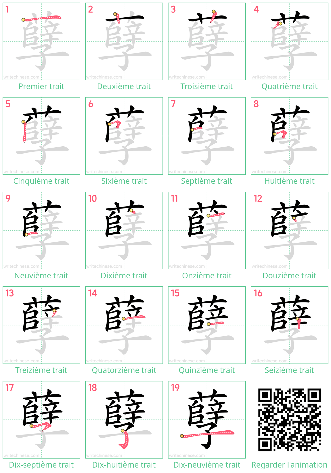 Diagrammes d'ordre des traits étape par étape pour le caractère 孽