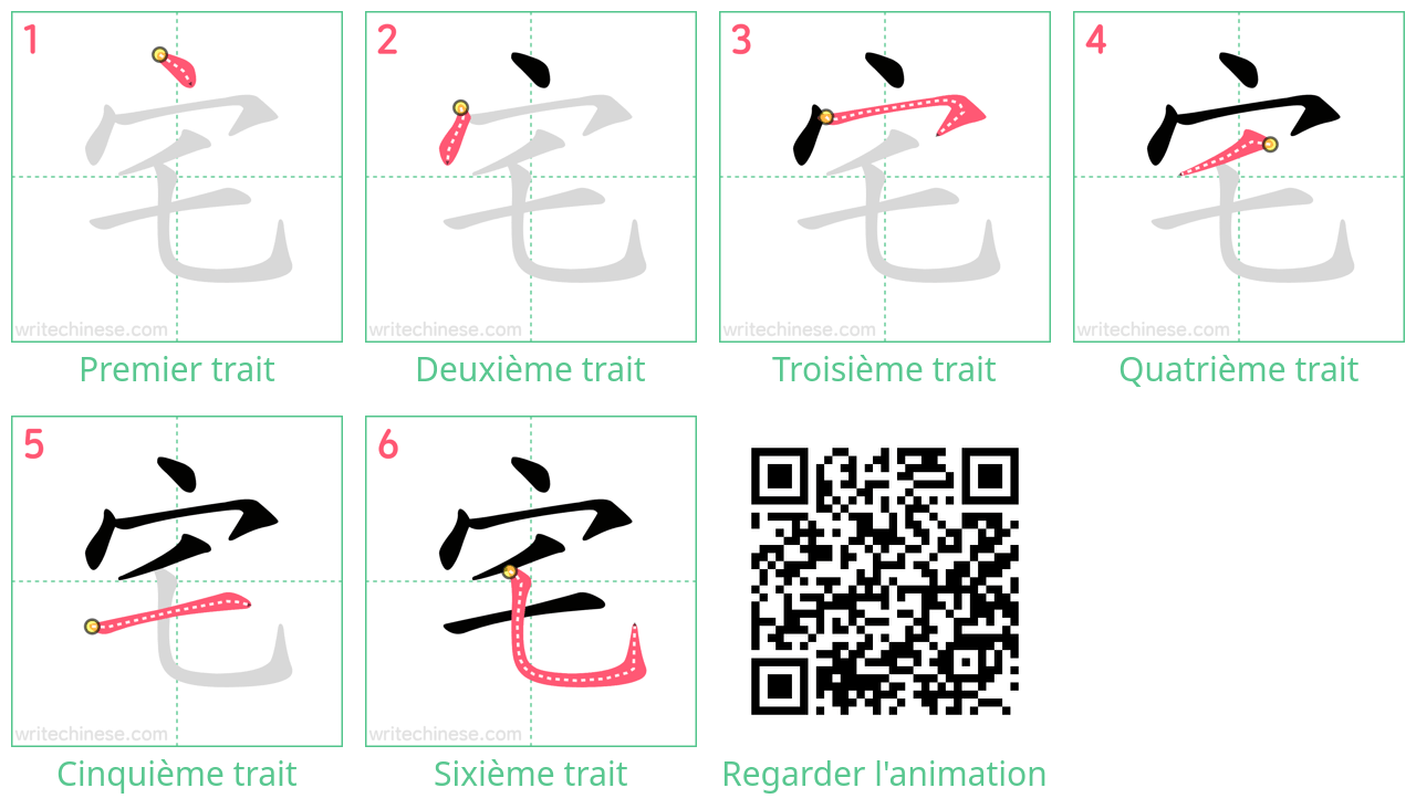 Diagrammes d'ordre des traits étape par étape pour le caractère 宅