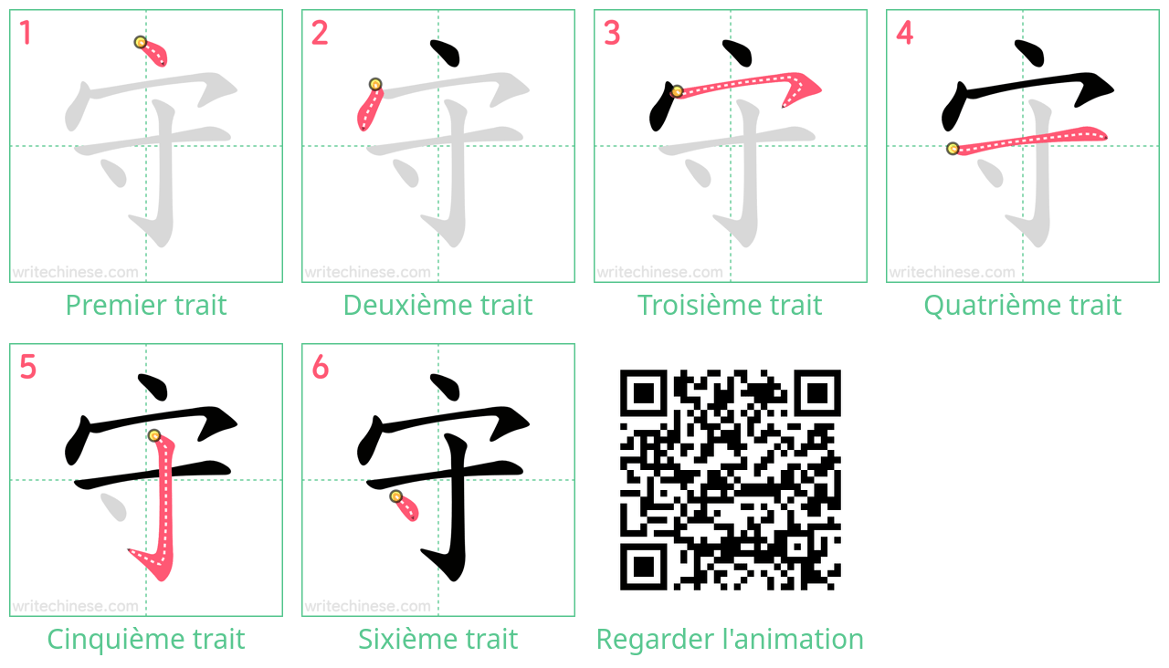 Diagrammes d'ordre des traits étape par étape pour le caractère 守