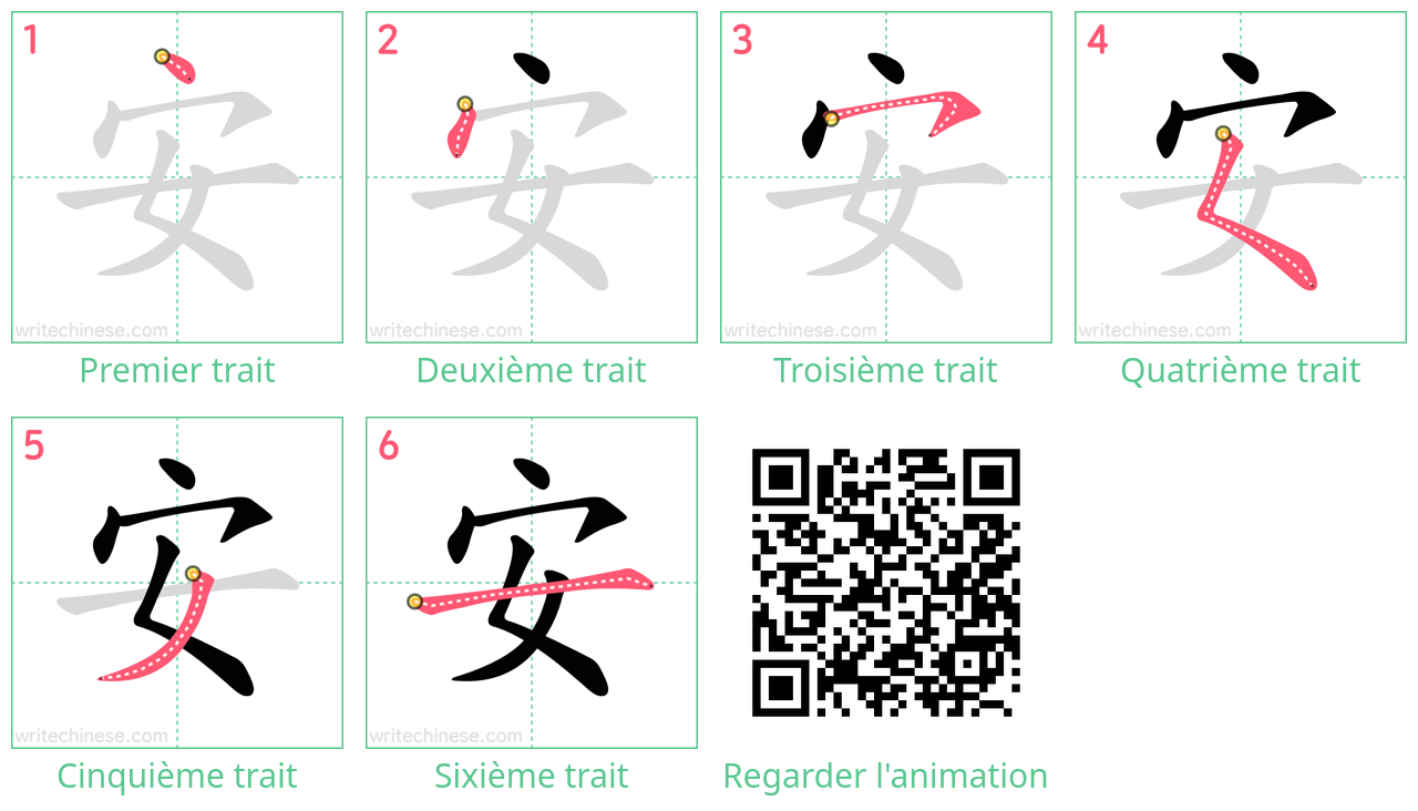 Diagrammes d'ordre des traits étape par étape pour le caractère 安