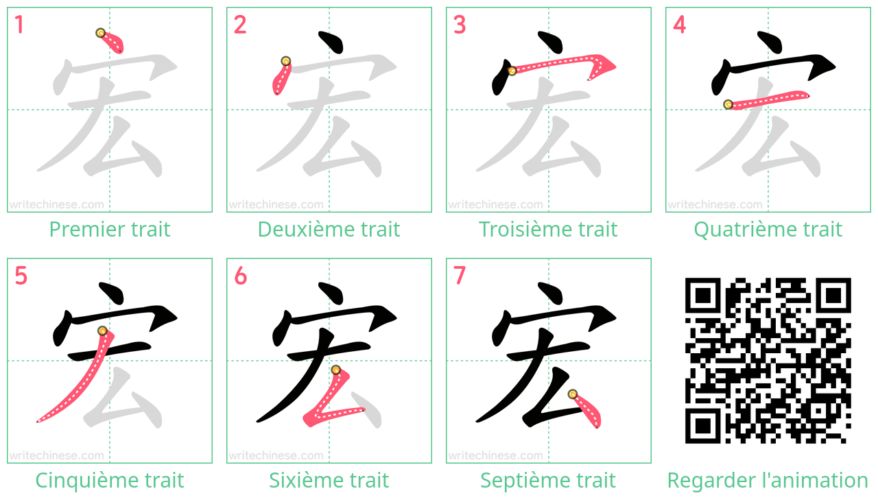 Diagrammes d'ordre des traits étape par étape pour le caractère 宏