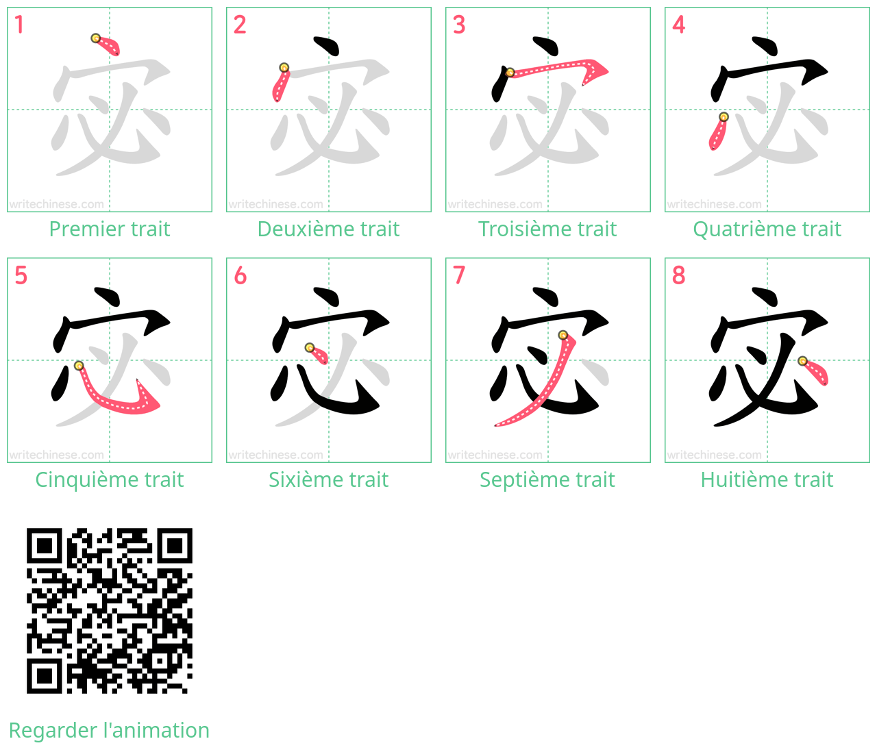 Diagrammes d'ordre des traits étape par étape pour le caractère 宓