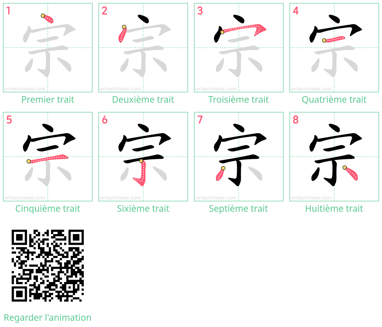 Diagrammes d'ordre des traits étape par étape pour le caractère 宗