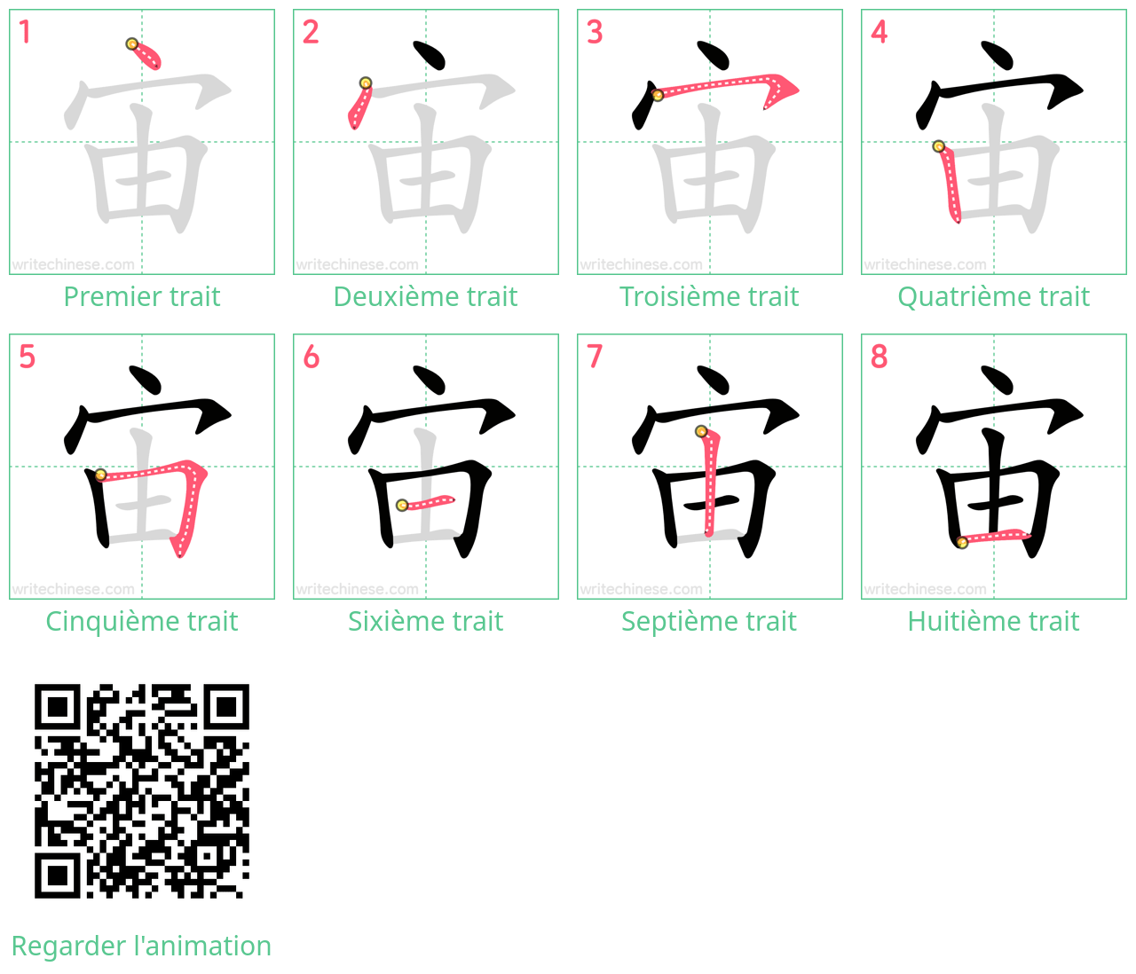 Diagrammes d'ordre des traits étape par étape pour le caractère 宙